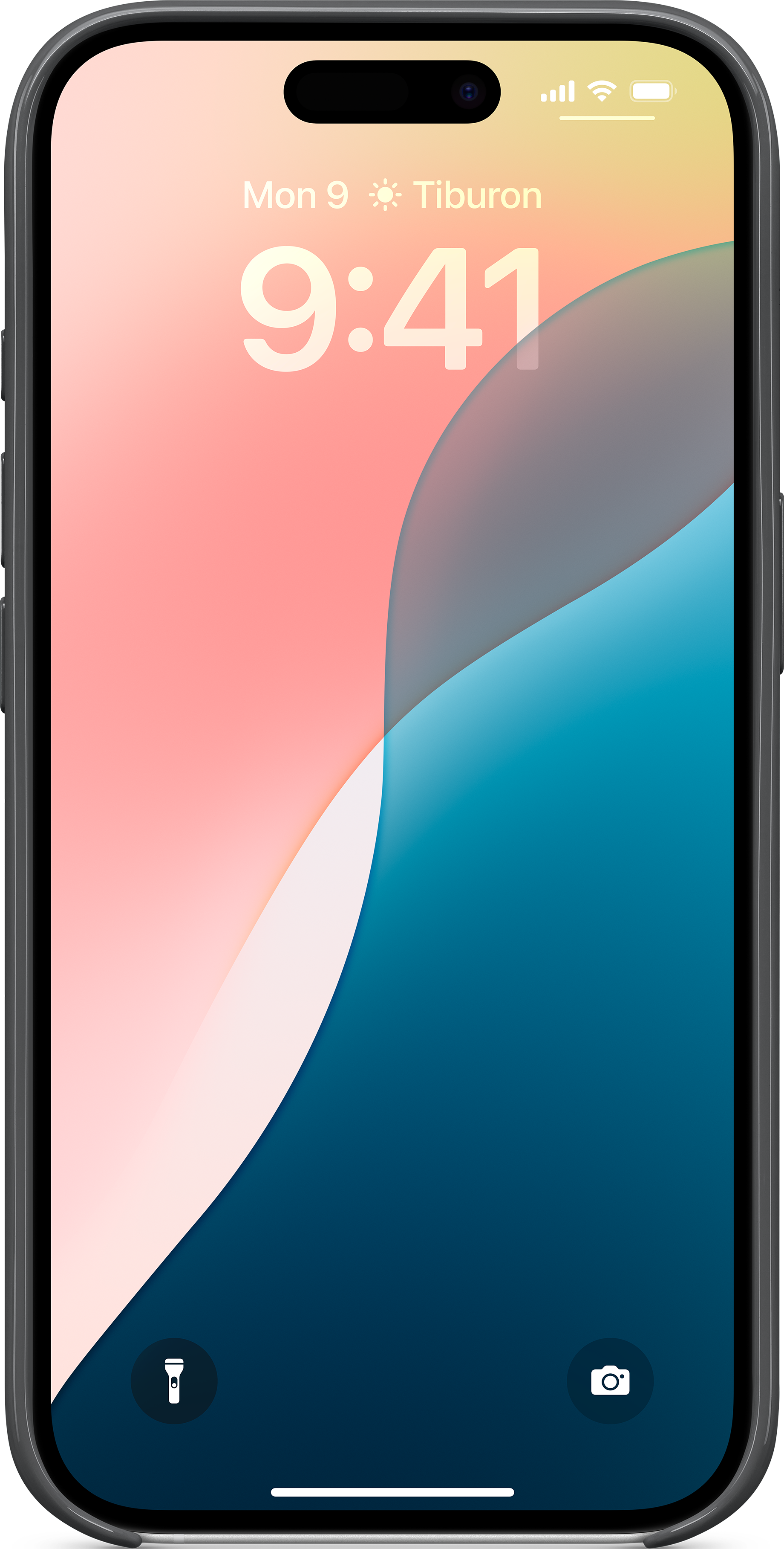 Écran de smartphone affichant l'heure et la date, avec un fond rose et bleu.