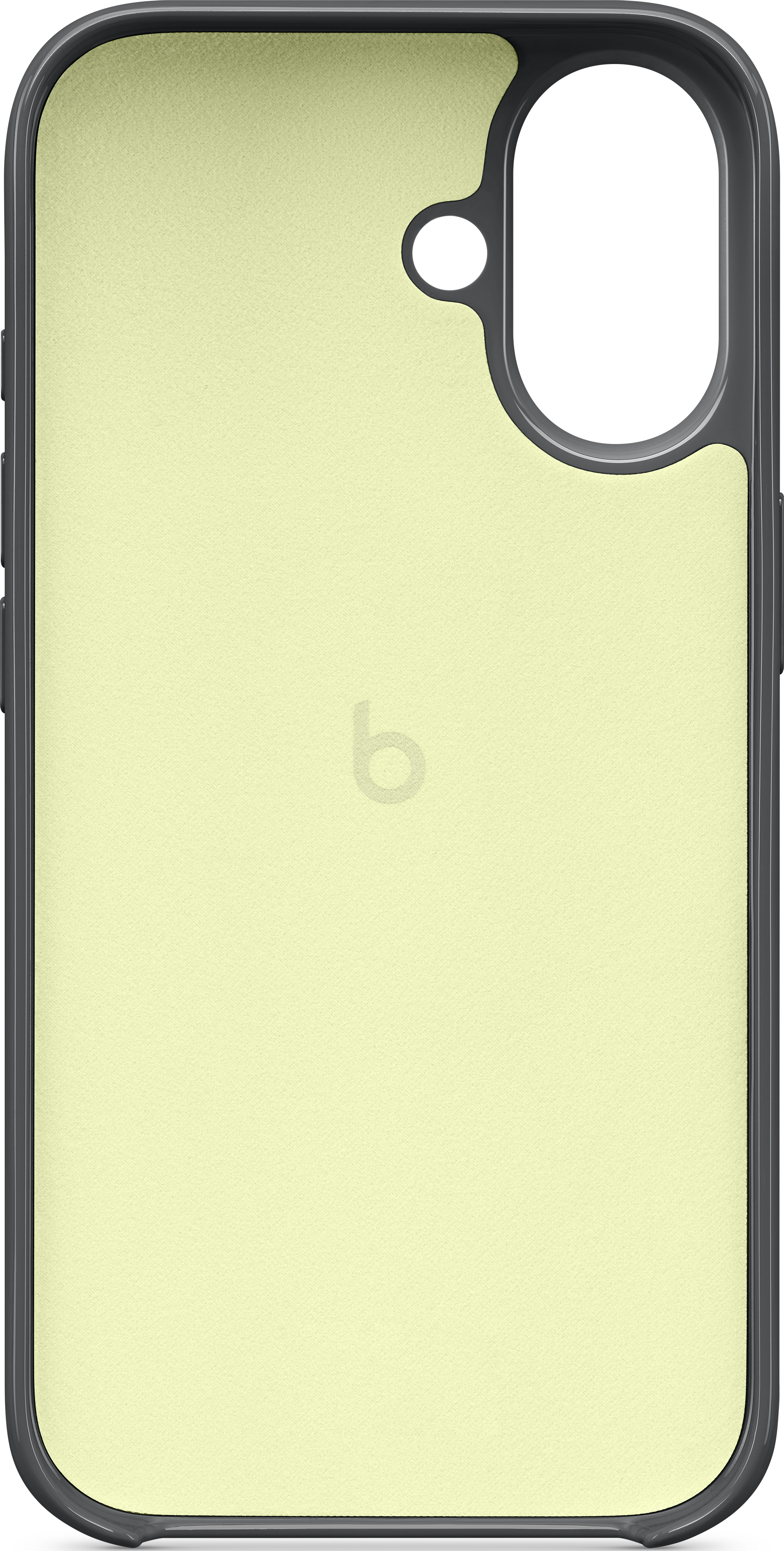 Coque de téléphone vert clair avec bord noir et logo 'b'.