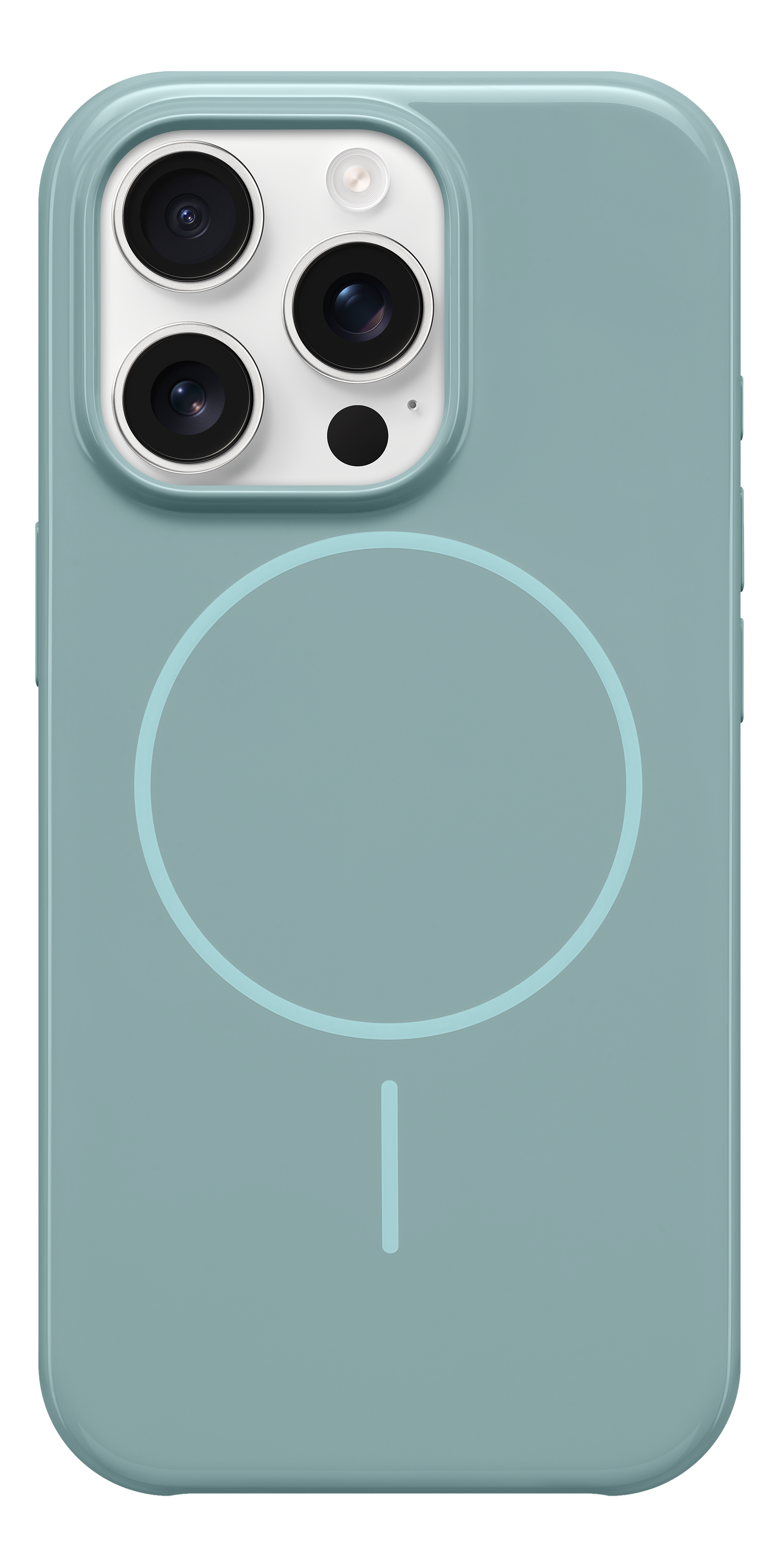 Coque de téléphone : Verte, logo Apple, objectifs de l'appareil photo visibles, design épuré et élégant.