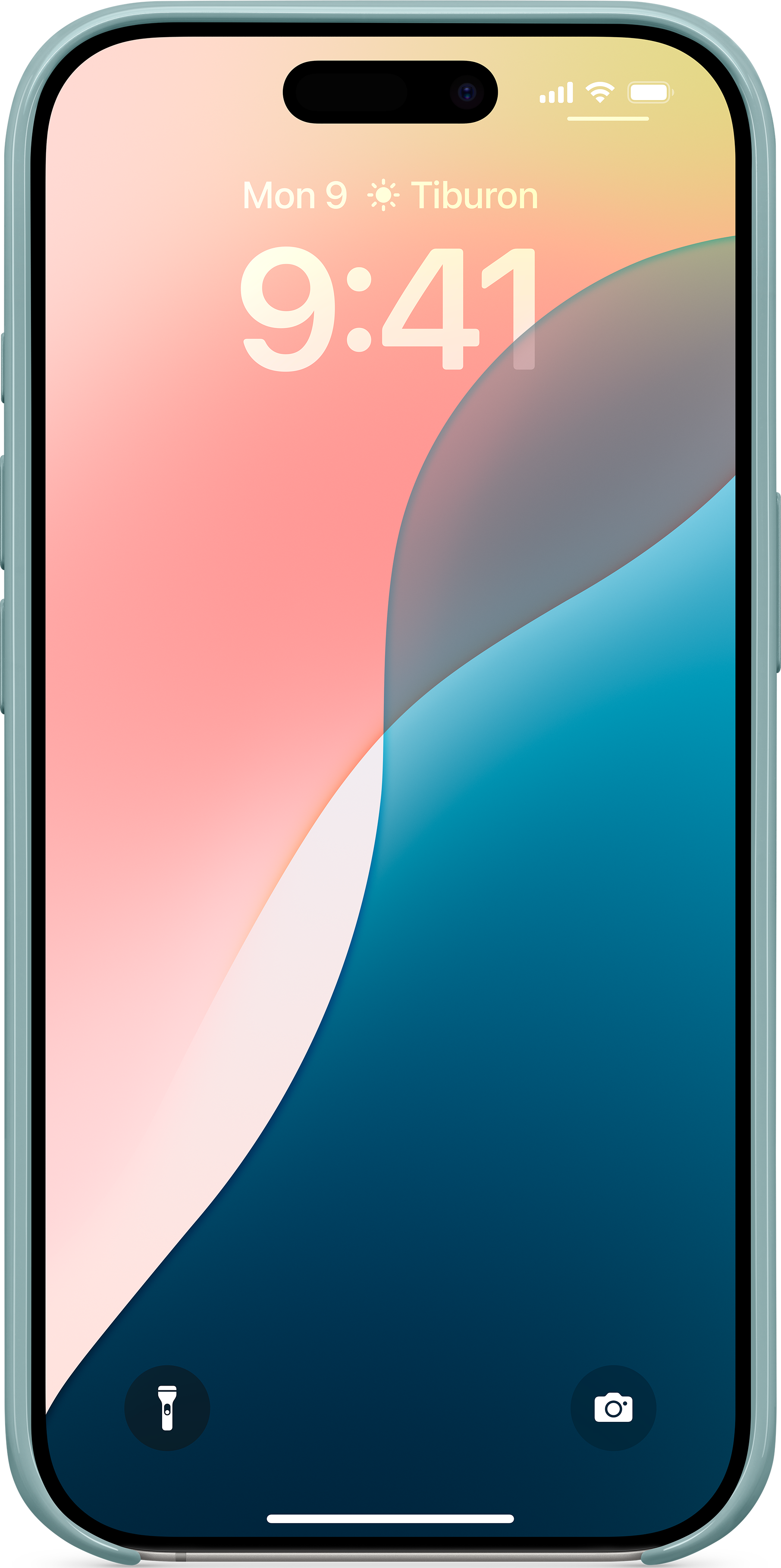 Un téléphone vert menthe avec un fond d'écran coloré affichant l'heure, l'emplacement et un motif de vagues.