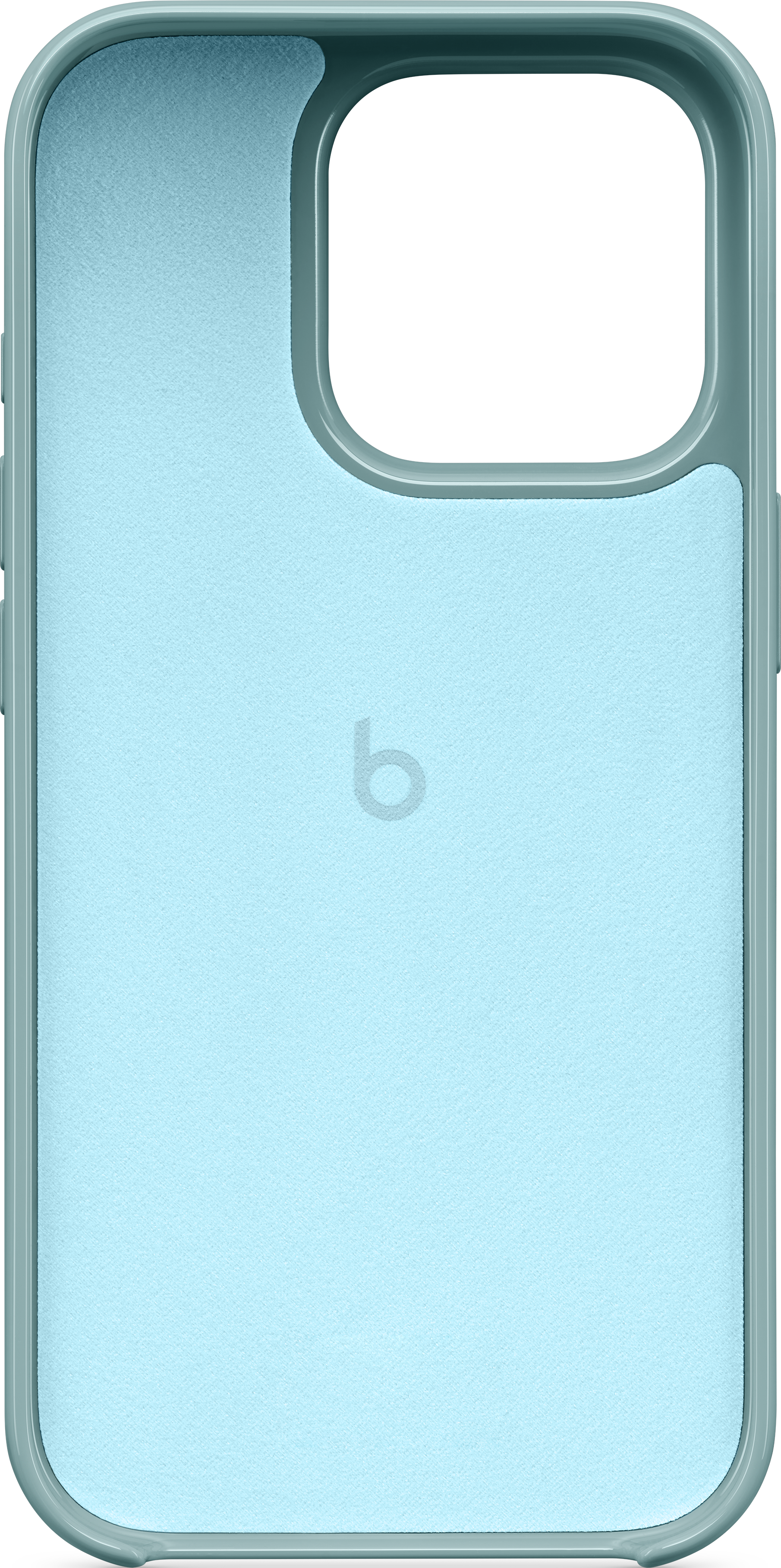 Coque de téléphone bleu clair avec bord gris foncé et logo 'b' minuscule.
