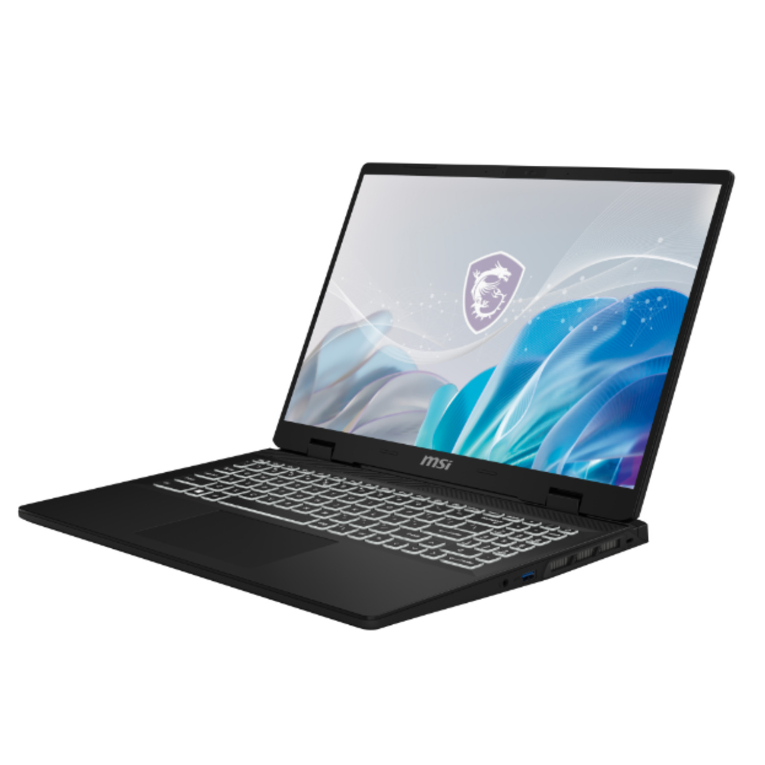 Zwarte laptop, open, op wit. Scherm toont logo. Toetsenbord zichtbaar.