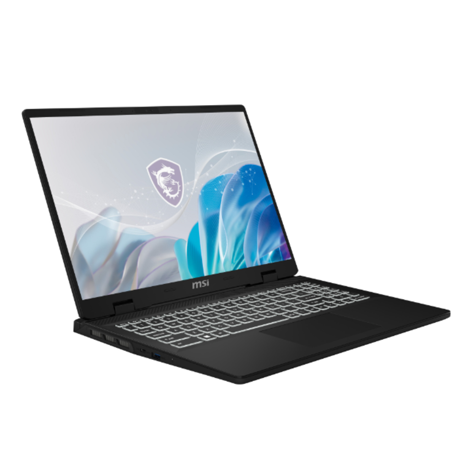 Zwarte MSI-laptop open, met een scherm met een logo en abstract blauw ontwerp.