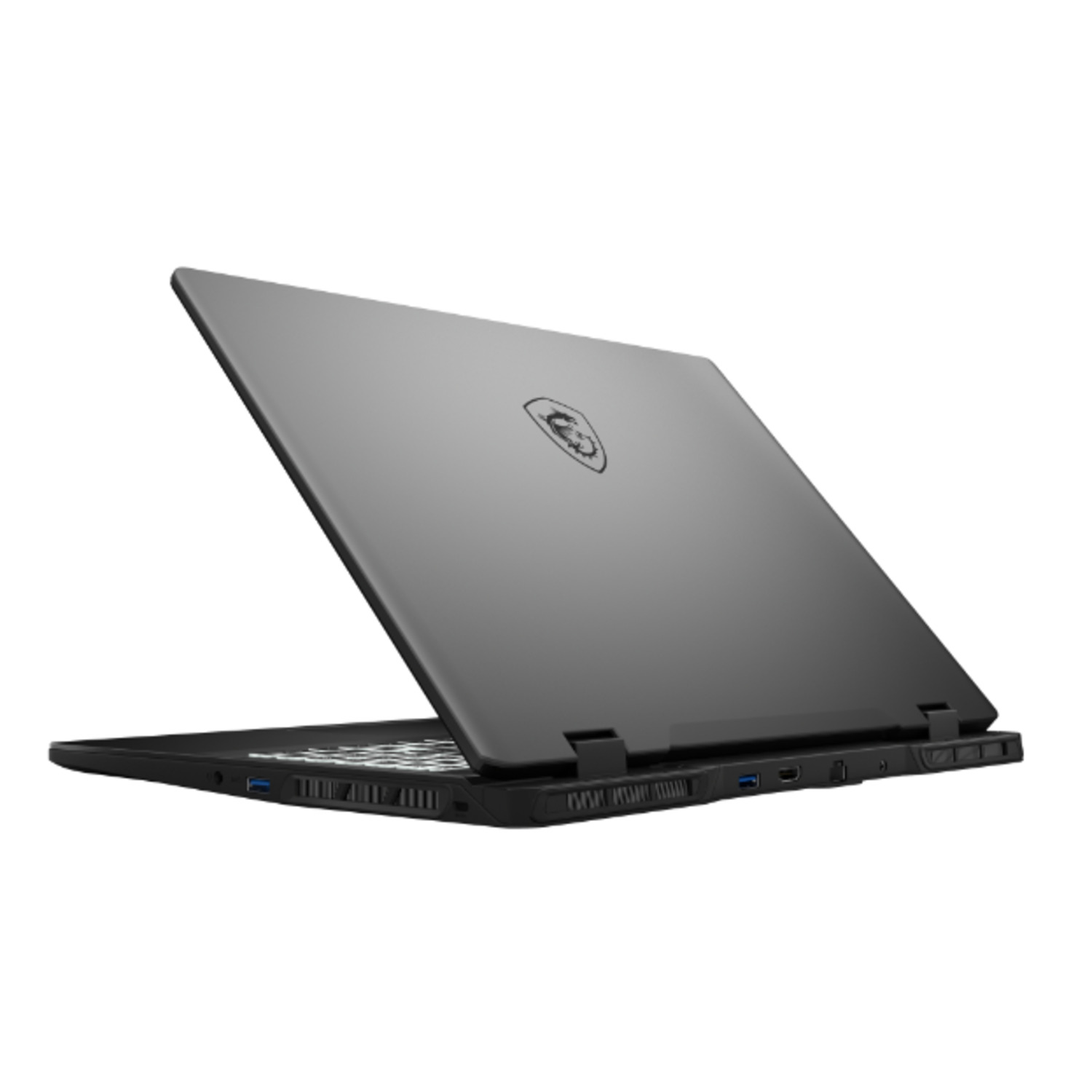 Grijze laptop, gedeeltelijk open. Het scherm staat omhoog, toont de achterkant met een logo.
