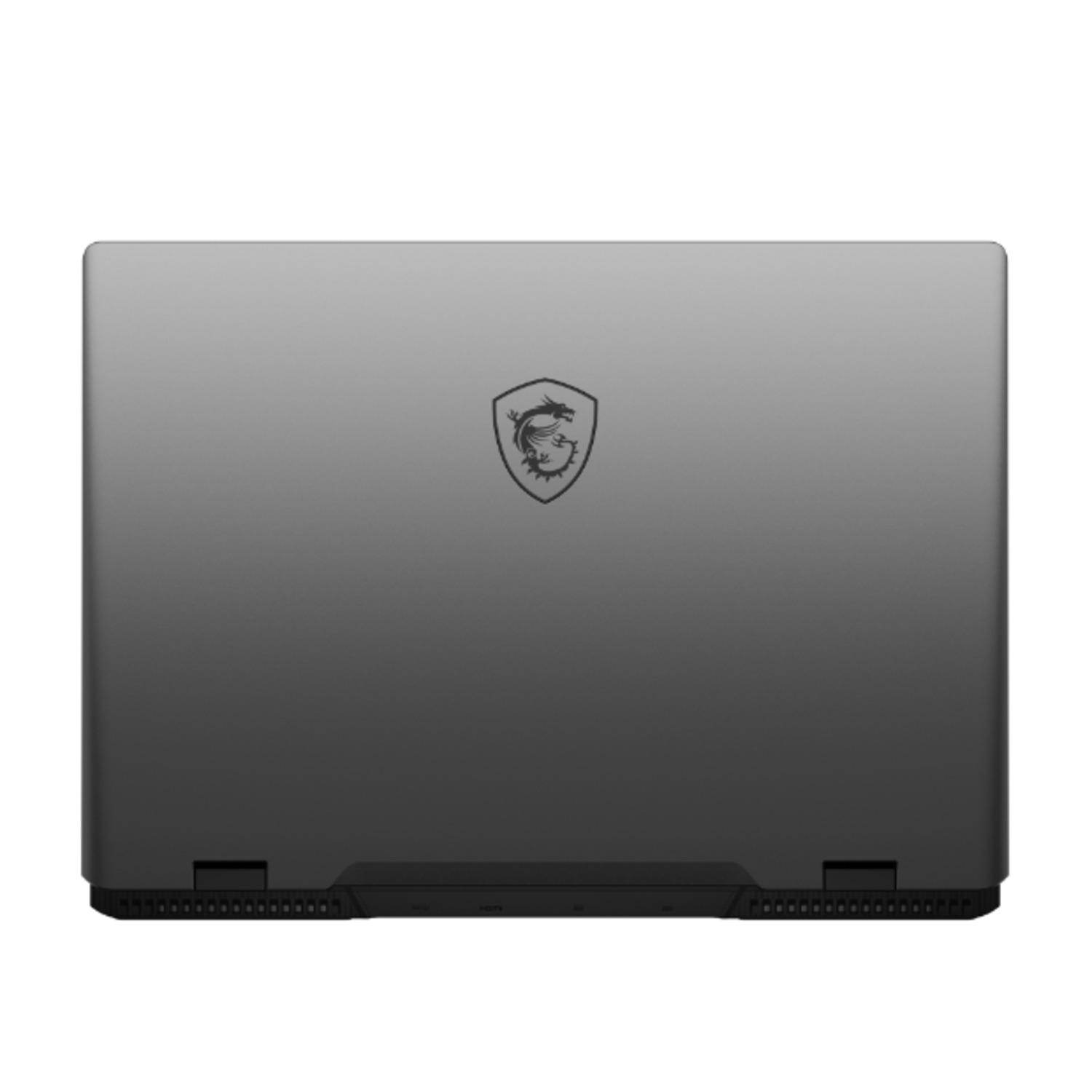 Gesloten achterkant van een laptop met het MSI-logo.