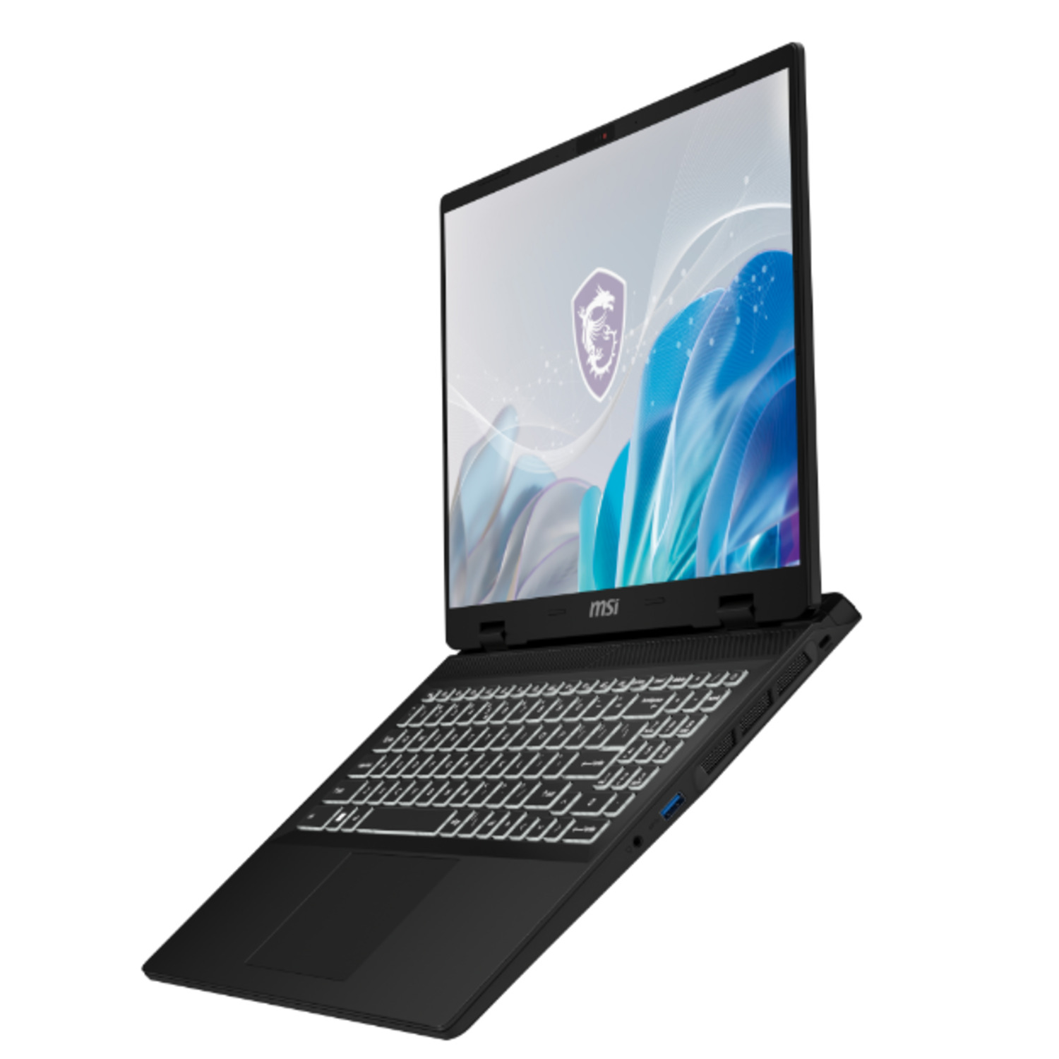 Een zwarte laptop met een wit verlicht toetsenbord is open, met een scherm.