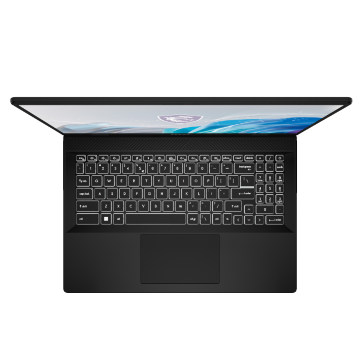 Een zwarte laptop met een open scherm met het toetsenbord en touchpad. Het bovenaanzicht.