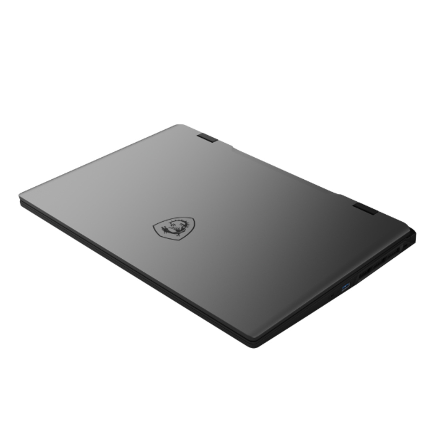 Donkergrijze laptop, gesloten, met een logo op de klep. Het ontwerp is strak en modern.