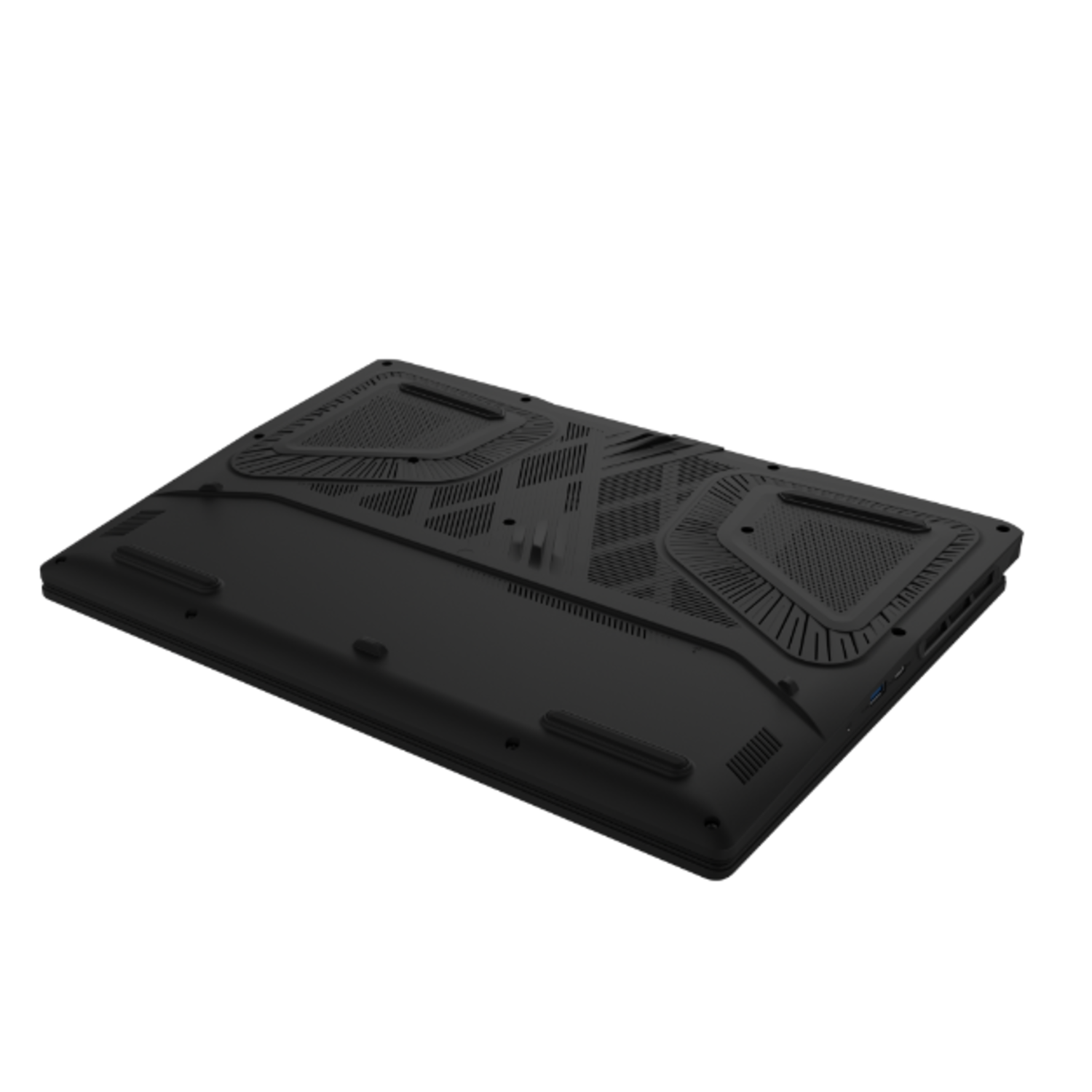 Zwarte laptoponderkant met ventilatieopeningen en een logo. Witte achtergrond.