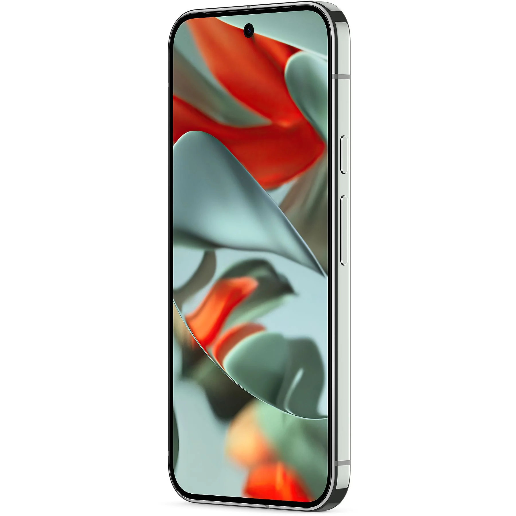Smartfon z zieloną ramką i pomarańczowo-szarym tłem. Widok pod kątem.