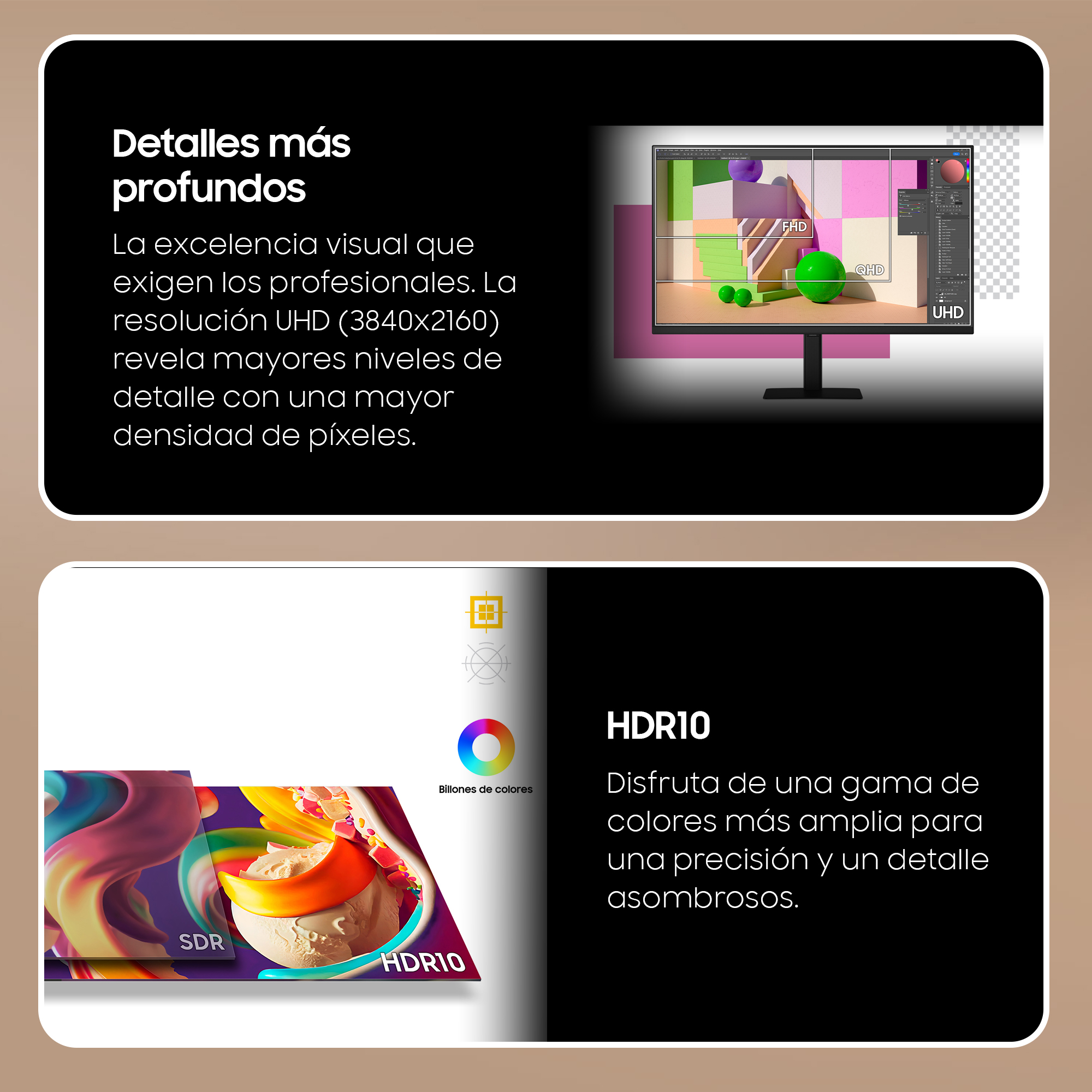 Dos imágenes que explican las características del televisor. Texto en español. Una muestra la pantalla con colores.