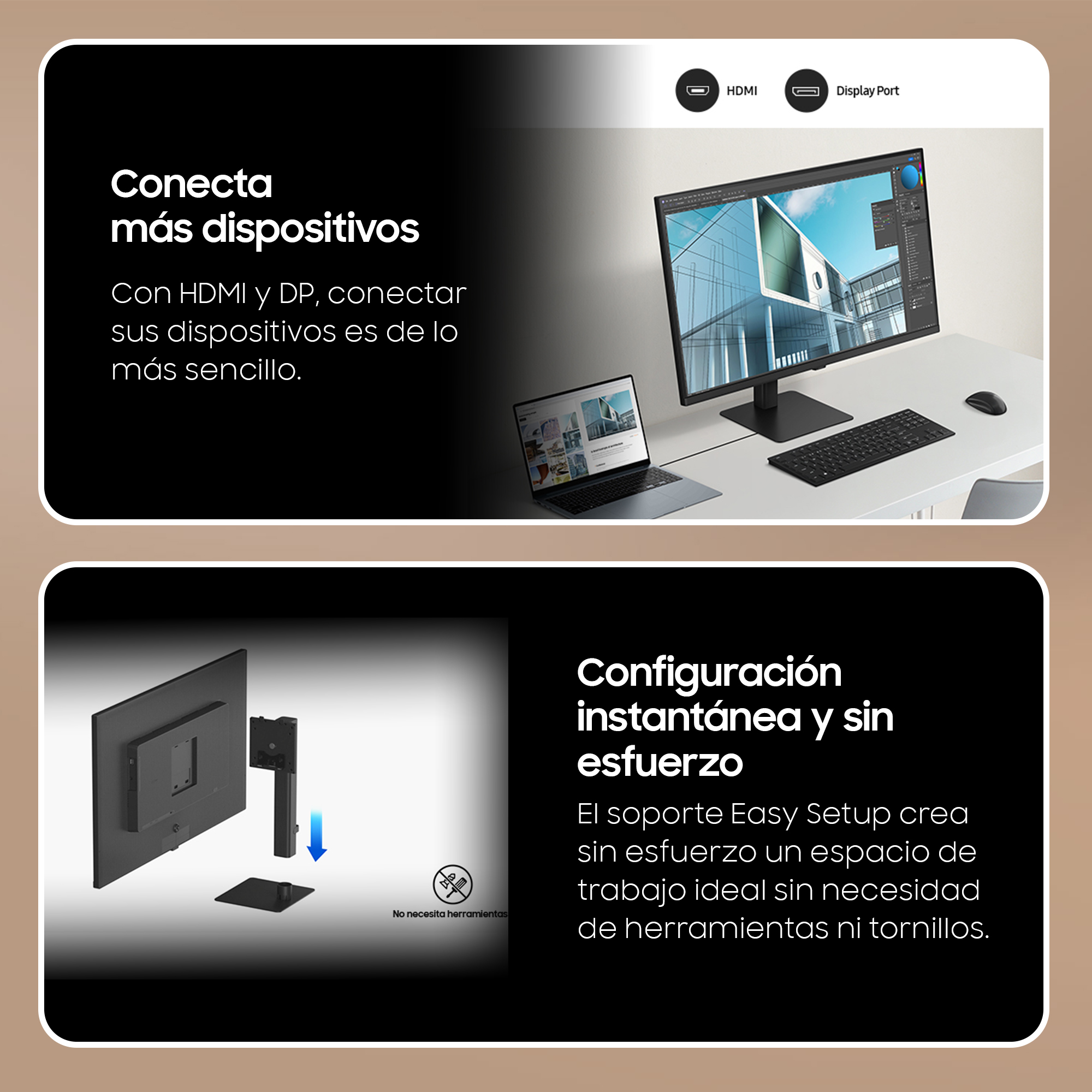 Imagen que muestra un monitor conectado a un portátil y una guía de configuración.