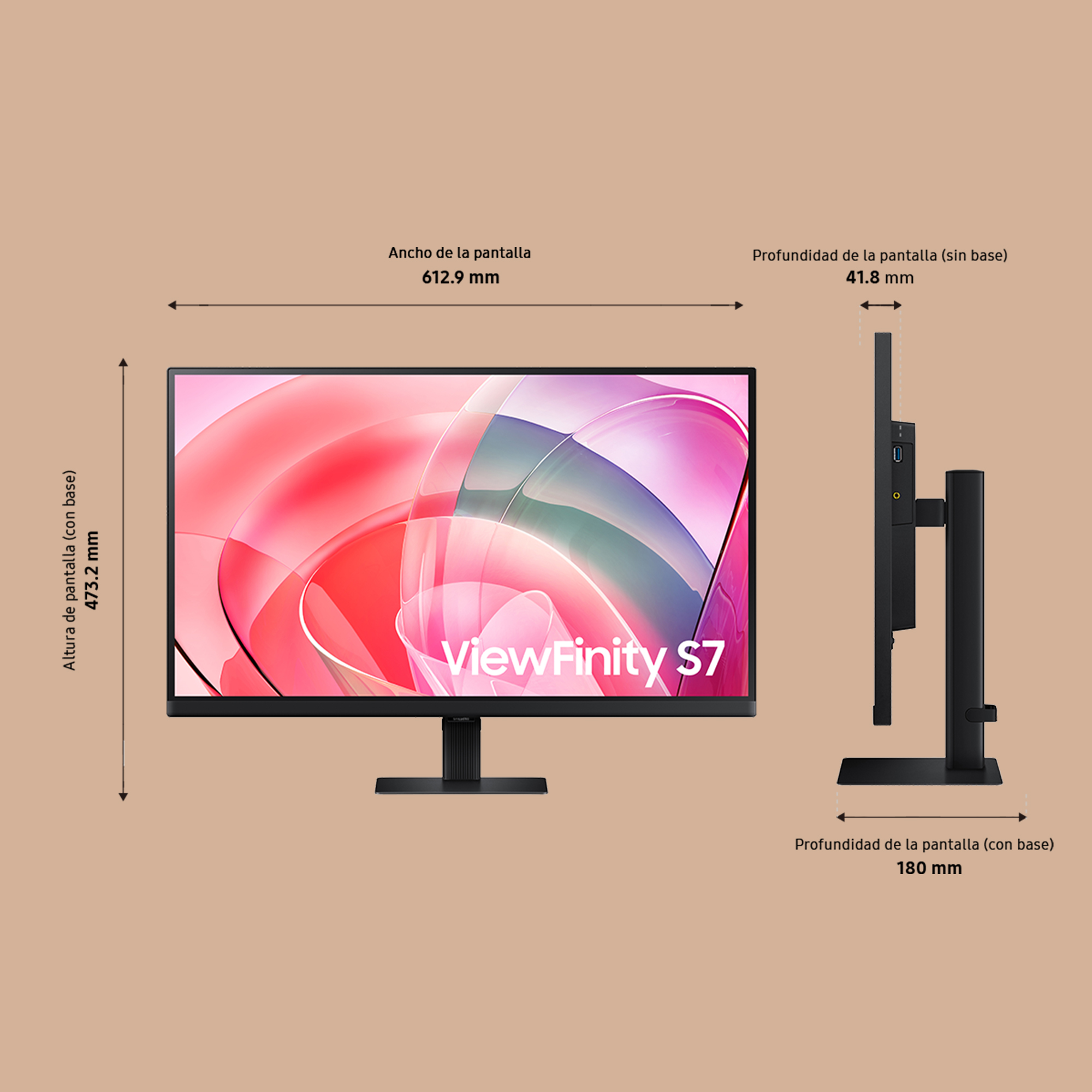Un monitor con dimensiones mostradas. La pantalla muestra una imagen colorida. Vista lateral muestra su perfil delgado.