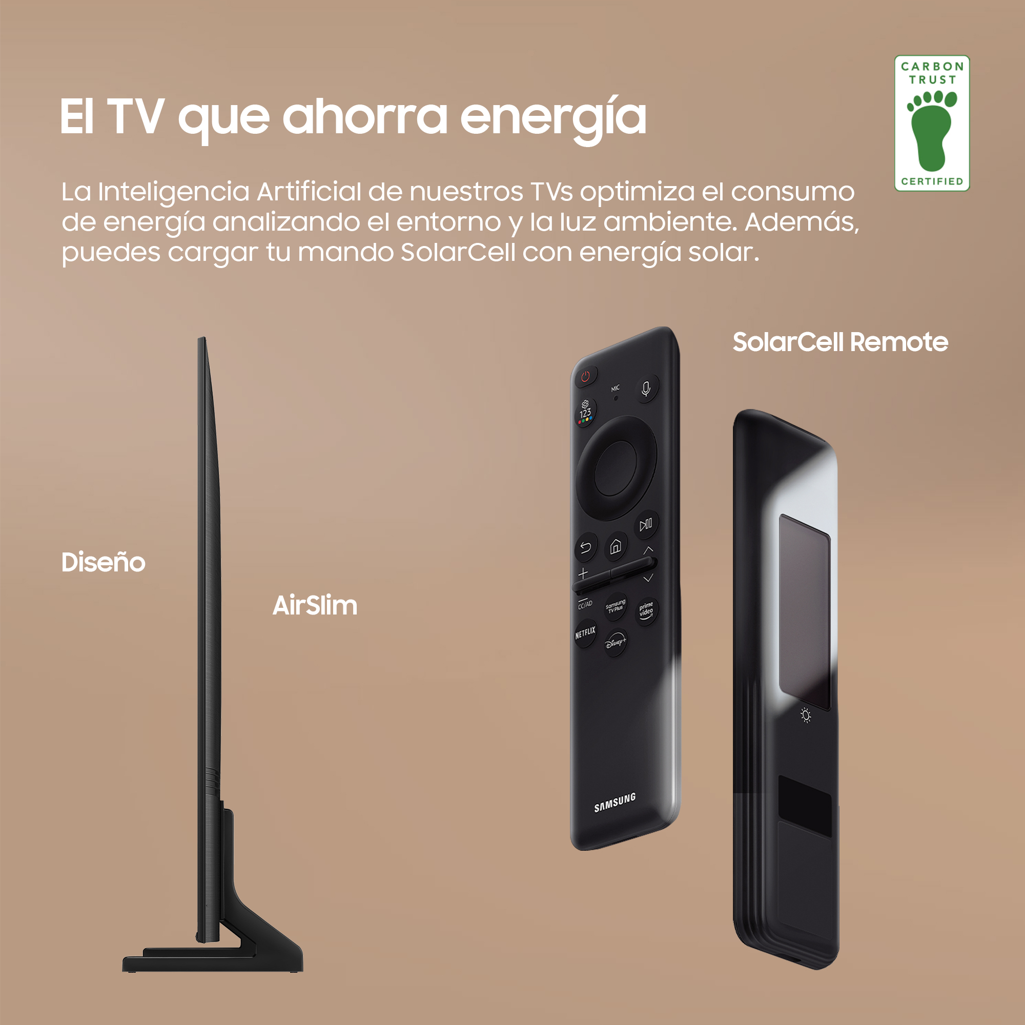 TV y mando, negro. Texto: 'SolarCell Remote'. Perfil lateral del TV, negro.