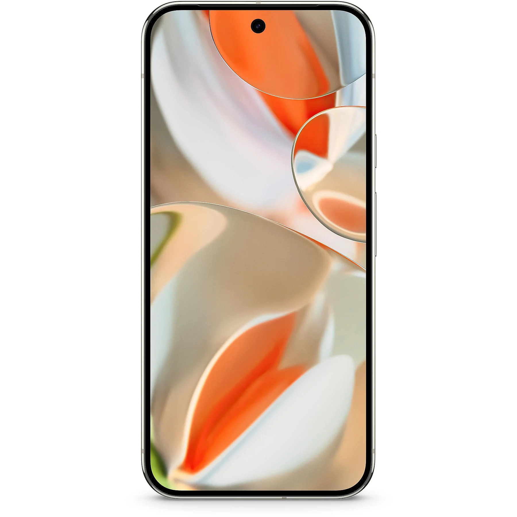 Smartfon z kolorową, abstrakcyjną tapetą. Ma czarną ramkę i ekran.