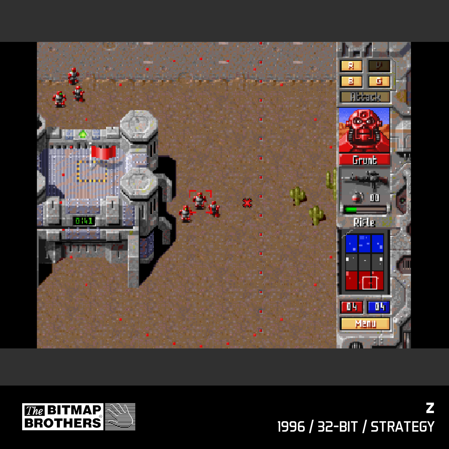 Draufsicht auf ein Strategiespiel. Rote Einheiten greifen eine Basis an. UI zeigt Grunt, Rifle und andere Spielelemente.