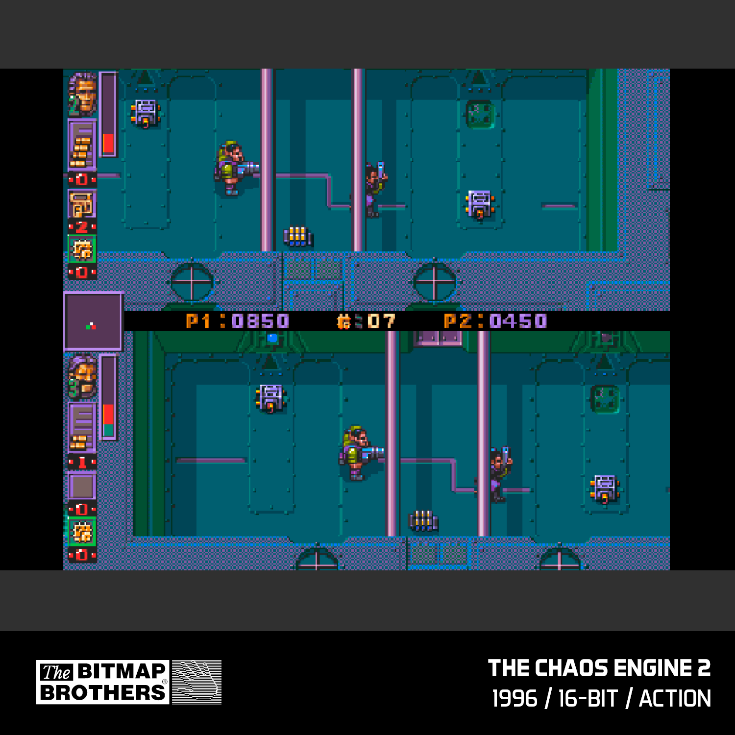 Ein geteiltes Spiel zeigt zwei Spieler in einer tealfarbenen Industrieumgebung, die Waffen zielen. Das Spiel Chaos Engine 2 wird angezeigt.