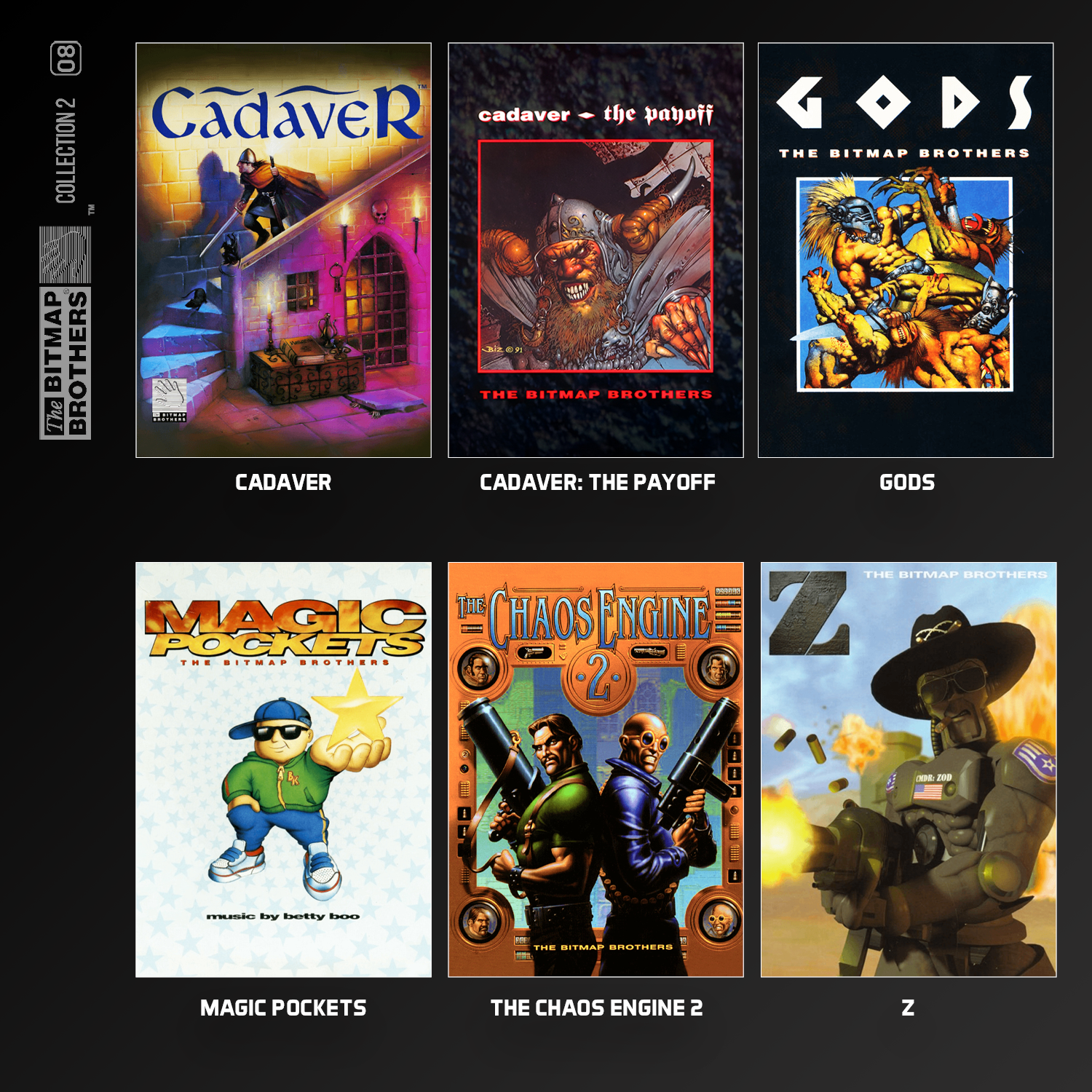 Sammlung von Retro-Spiele-Covern. Cadaver zeigt einen Krieger. The Chaos Engine 2 hat zwei Männer. Magic Pockets hat einen Jungen. Gods hat Krieger.
