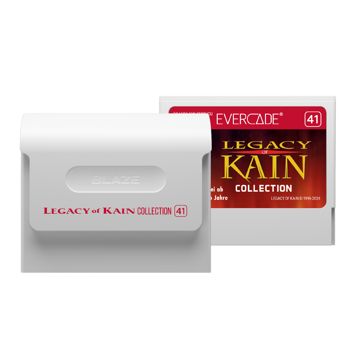 Zwei weiße Evercade-Spielkassetten. Eine zeigt 'Legacy of Kain Collection' in roter Schrift. Die andere zeigt 'EVERCADE' und ein Logo.