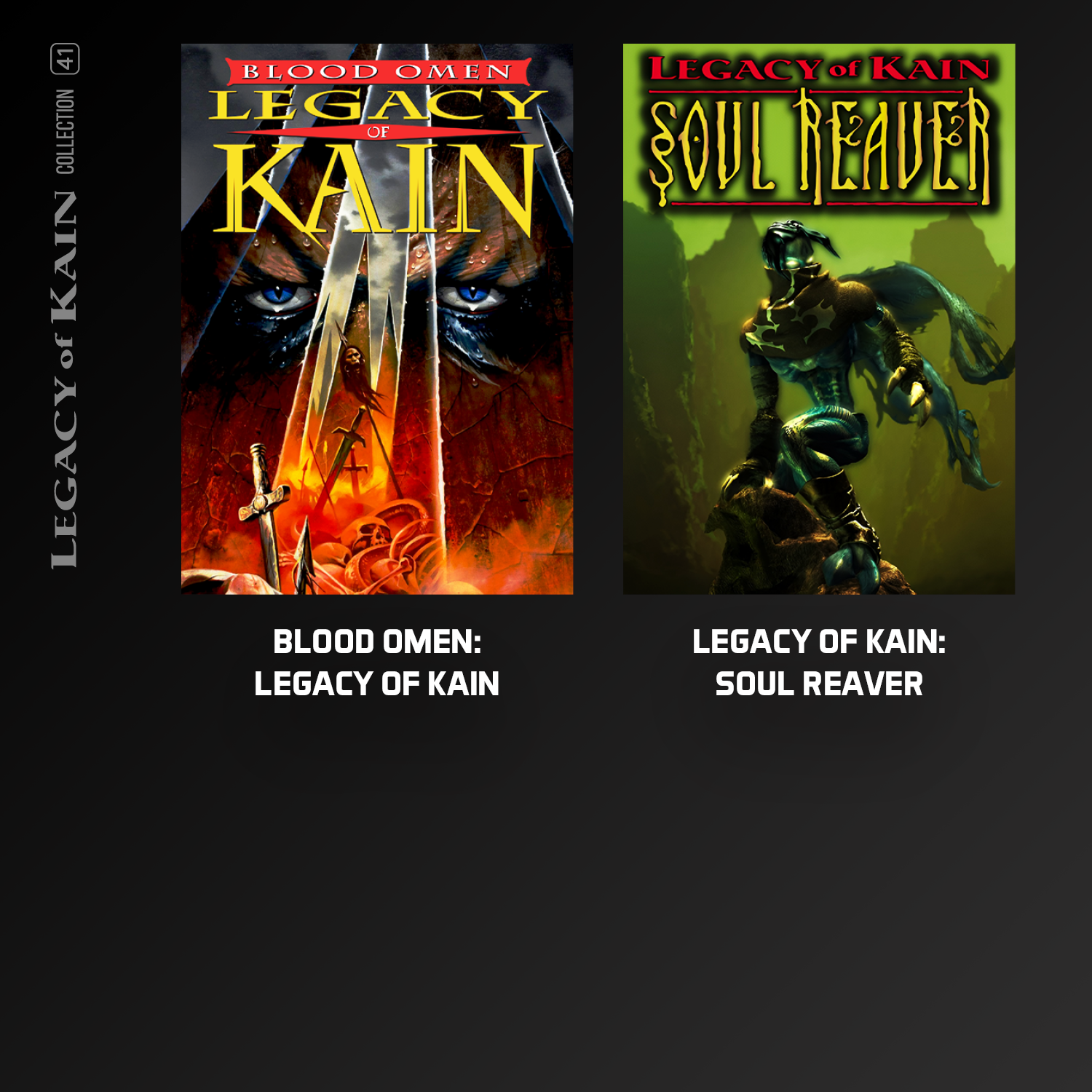 Das Bild zeigt zwei Spielcover nebeneinander. Eines ist Blood Omen, das andere Legacy of Kain: Soul Reaver. Beide haben dunkle Fantasiethemen.