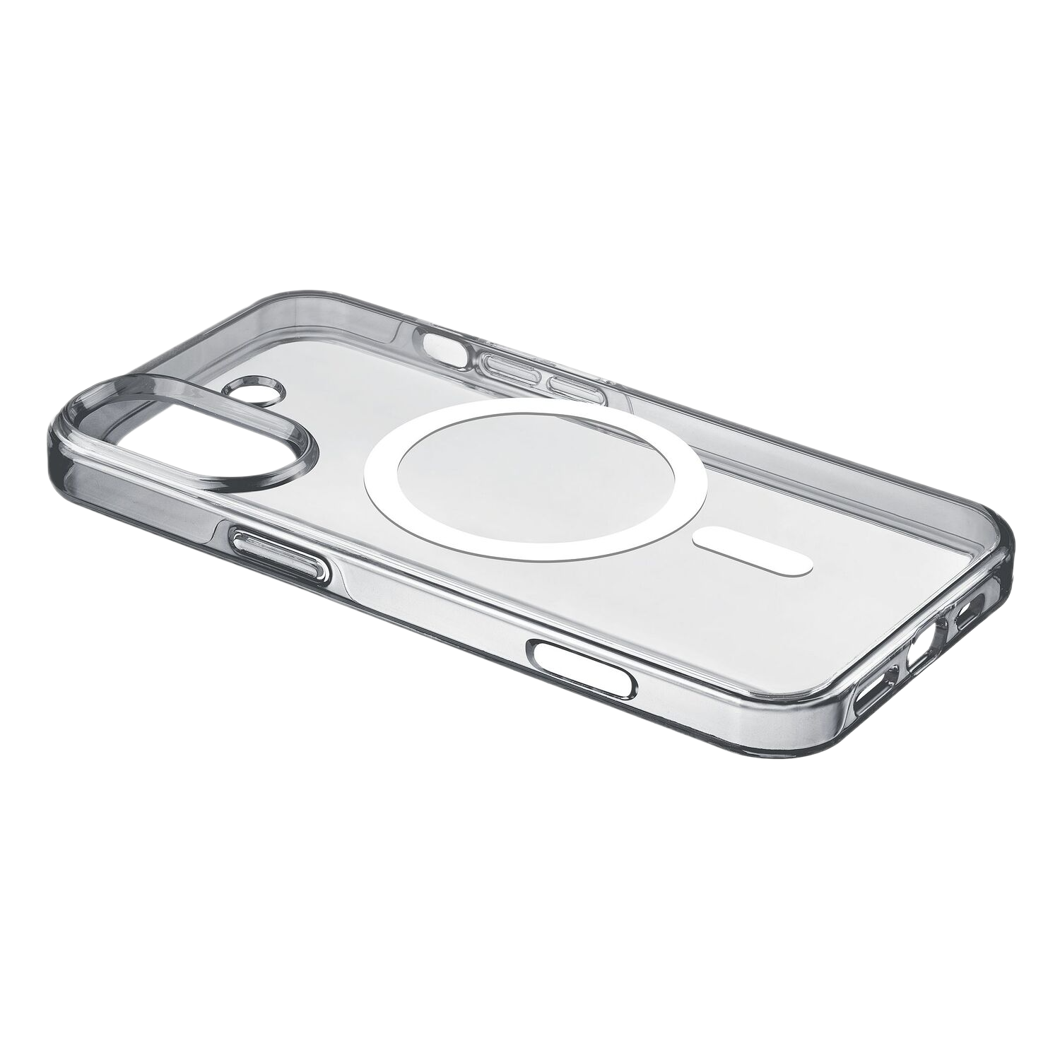 Transparante telefoonhoes met witte cirkel en rechthoek.