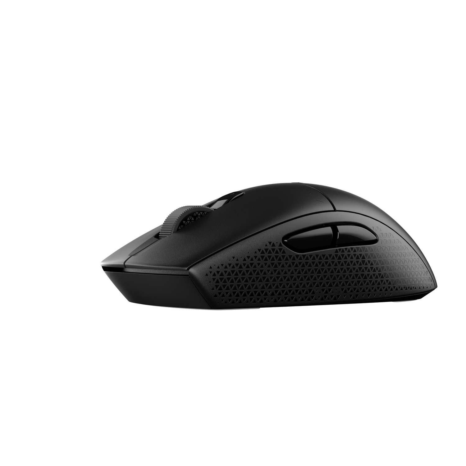 A black wireless mouse with a textured surface and scroll wheel. The background is white.