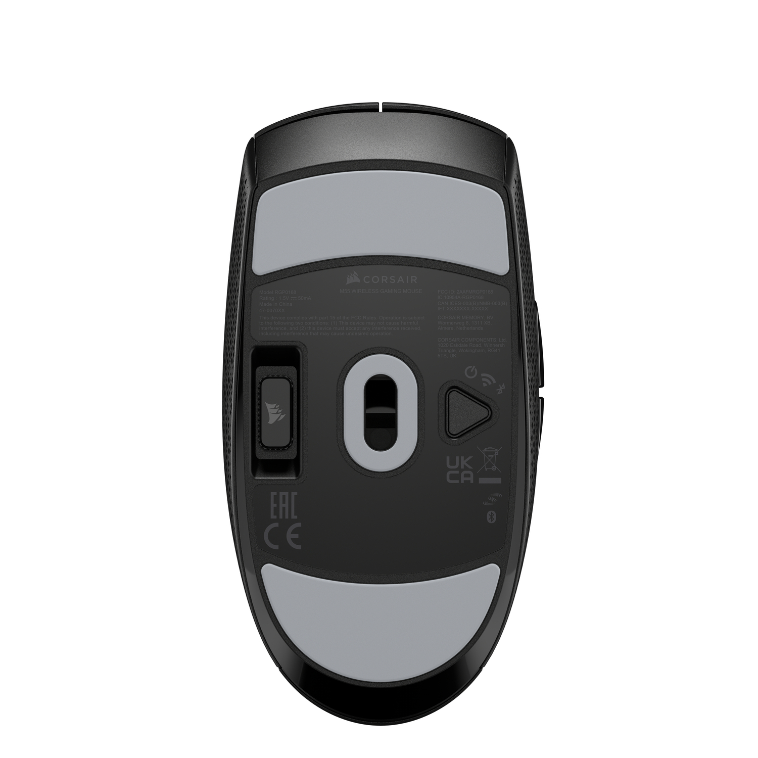 Bottom view of a black wireless mouse. Gray pads and a button are visible.