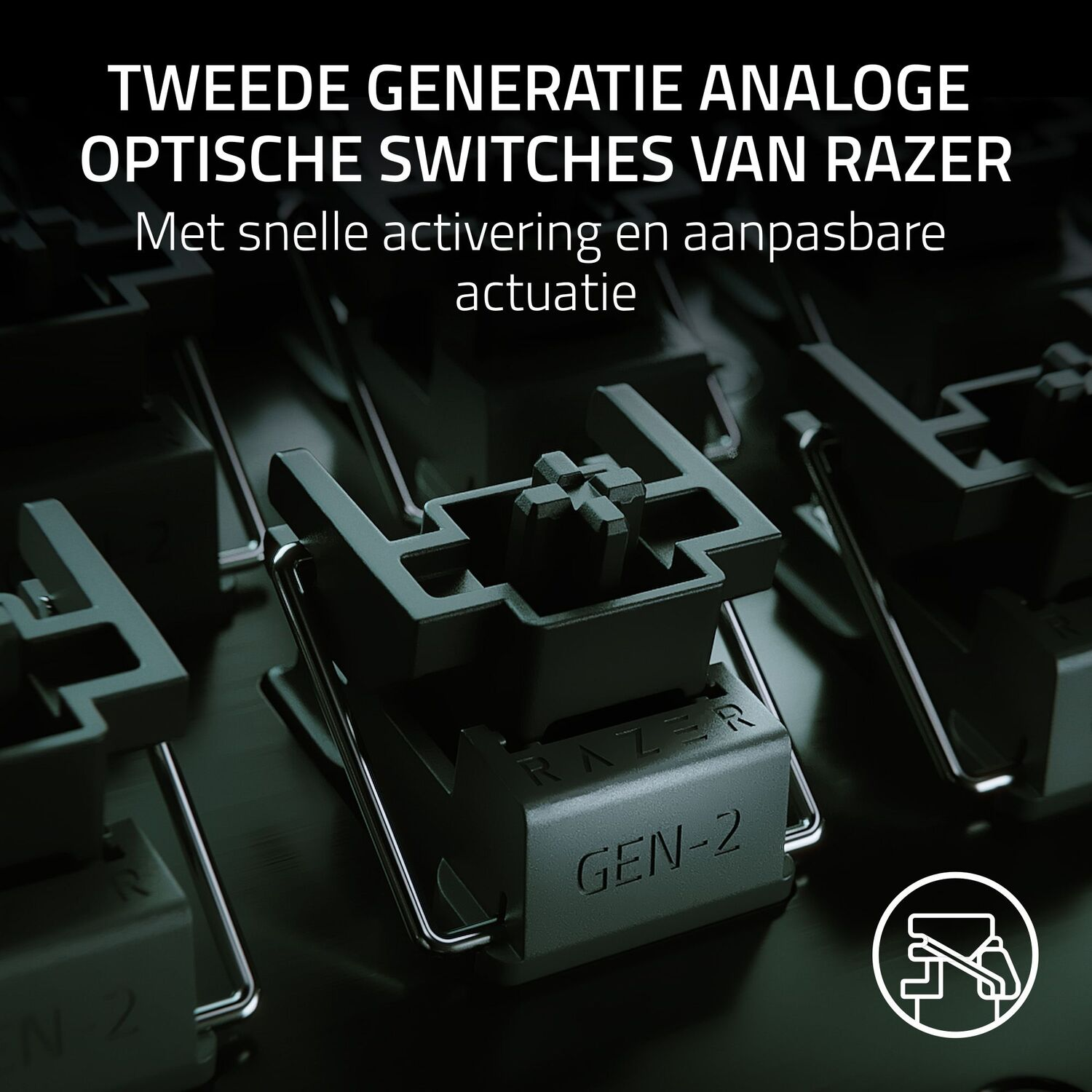 Close-up van zwarte toetsenbordschakelaars. Tekst: TWEEDE GENERATIE ANALOGE OPTISCHE SWITCHES VAN RAZER.