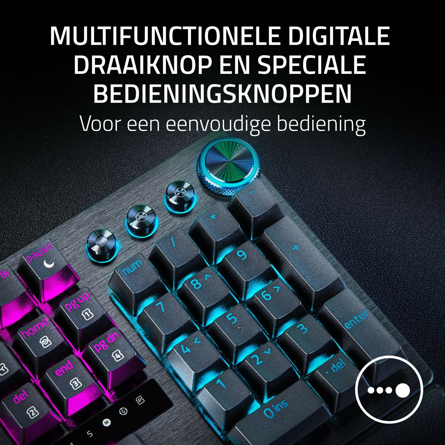 Close-up van een toetsenbord met diverse knoppen en een draaiknop.