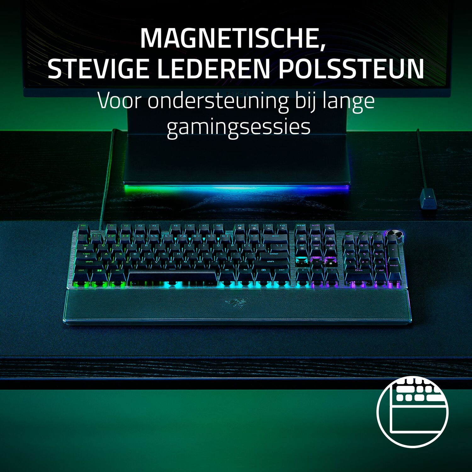 Toetsenbord met LED-verlichting, een bureau en tekst: Magnetische, stevige leren polssteun voor lange gamingsessies.