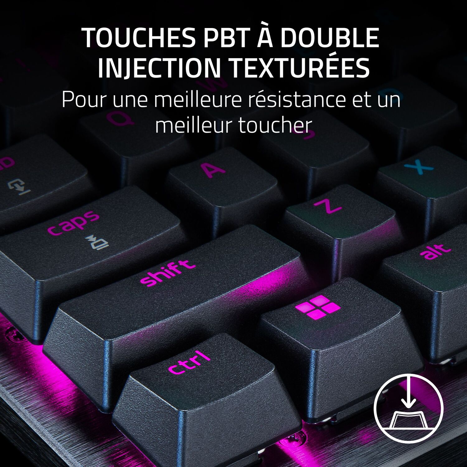 Touches de clavier avec texte et éclairage violet, en gros plan.