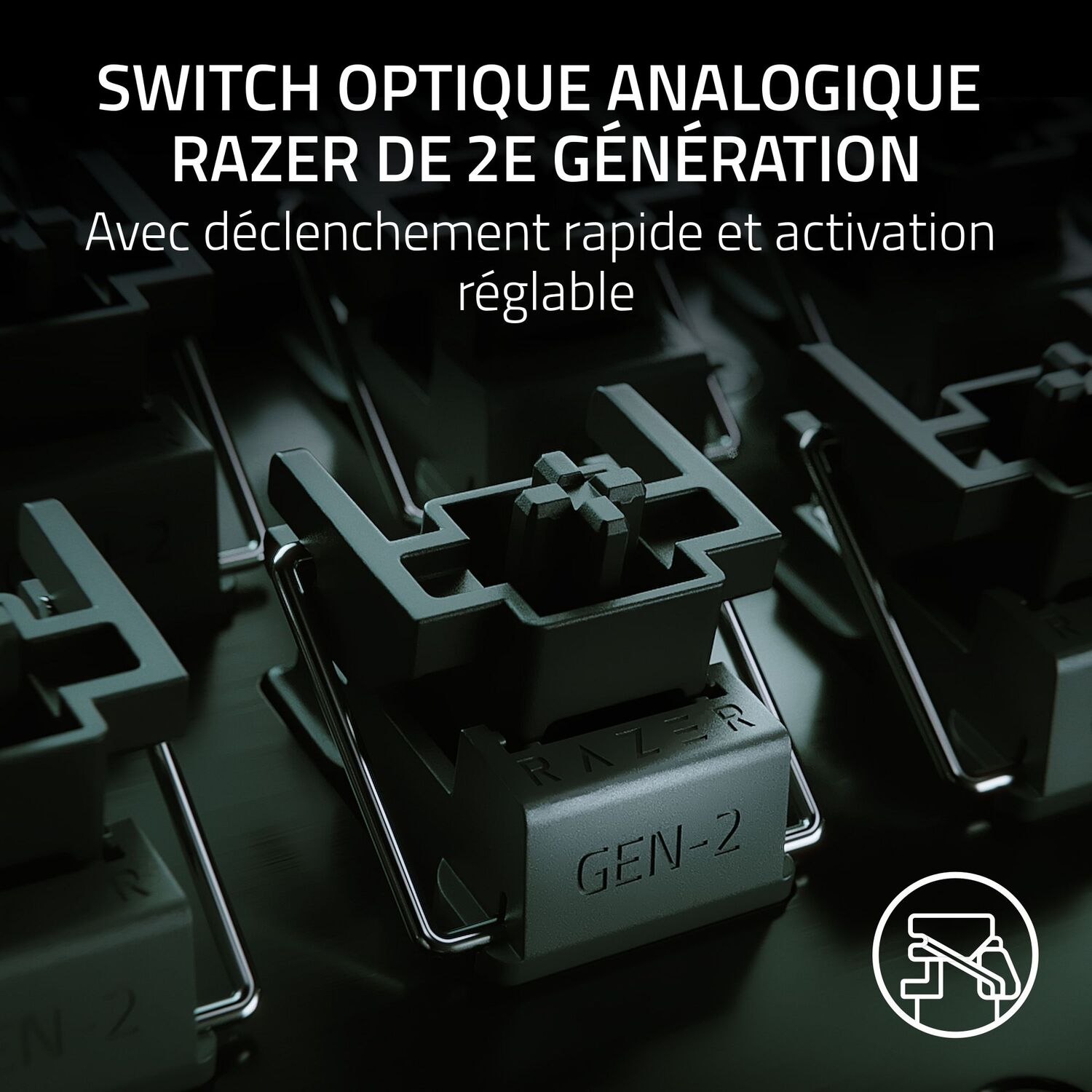 Interrupteur analogique optique Razer Gen-2. Gros plan dans un environnement sombre et texturé.