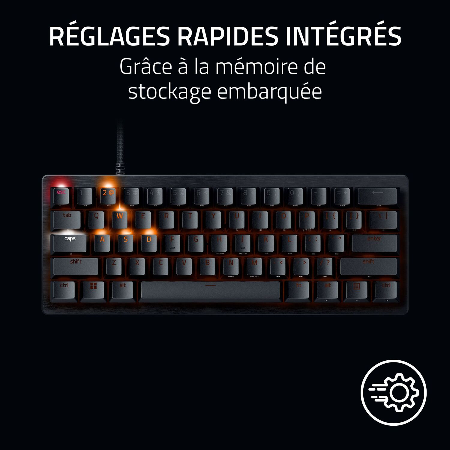 Un clavier Razer noir avec des touches éclairées. Le texte indique paramètres et rapides.
