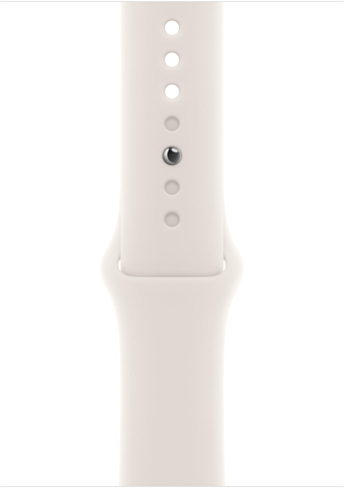 Közelkép egy világos krémszínű Apple Watch szíjról. Egyszerű, sima kialakítású, néhány lyukkal.