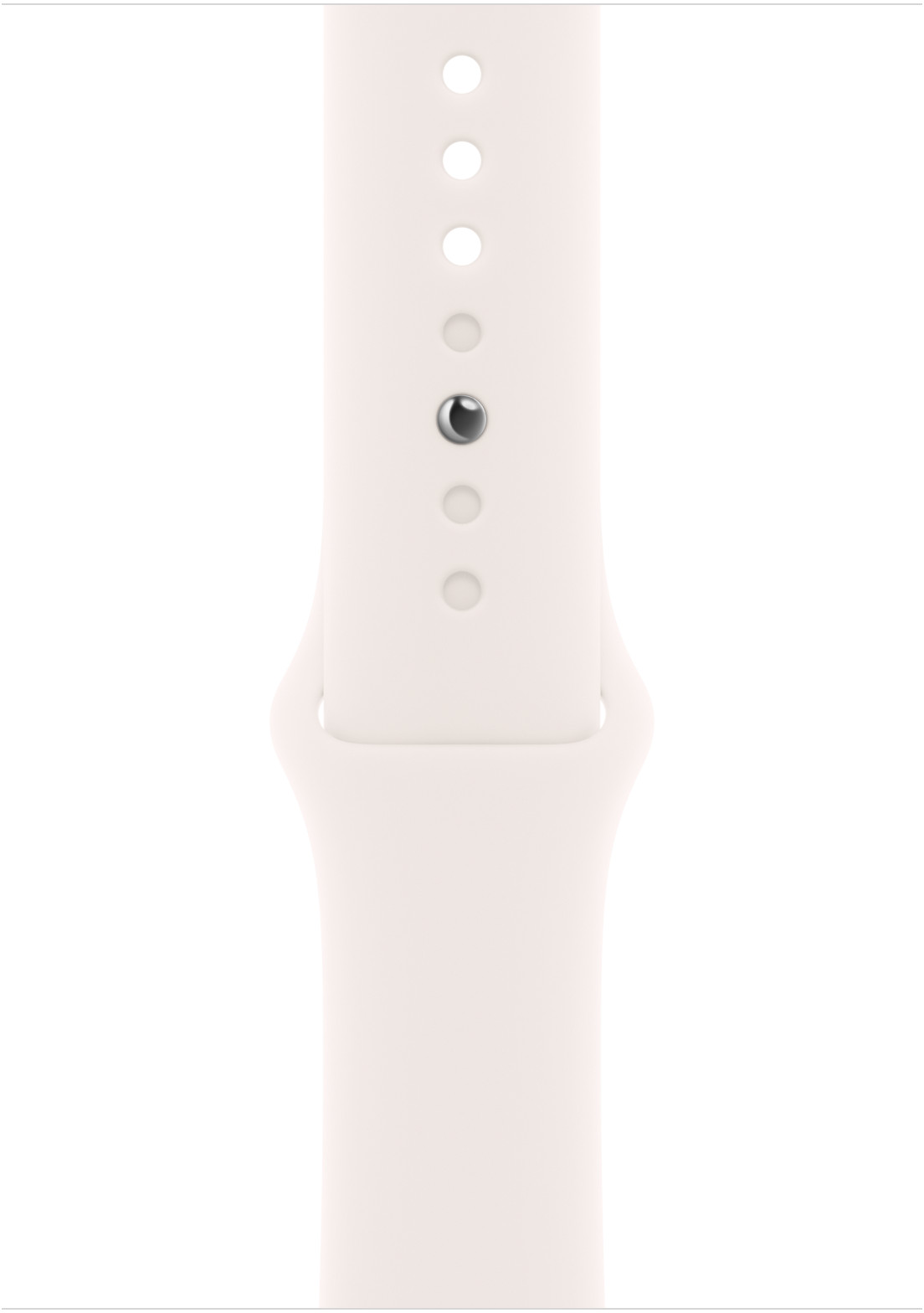 Fehér Apple Watch szíj lyukakkal és ezüst csappal.