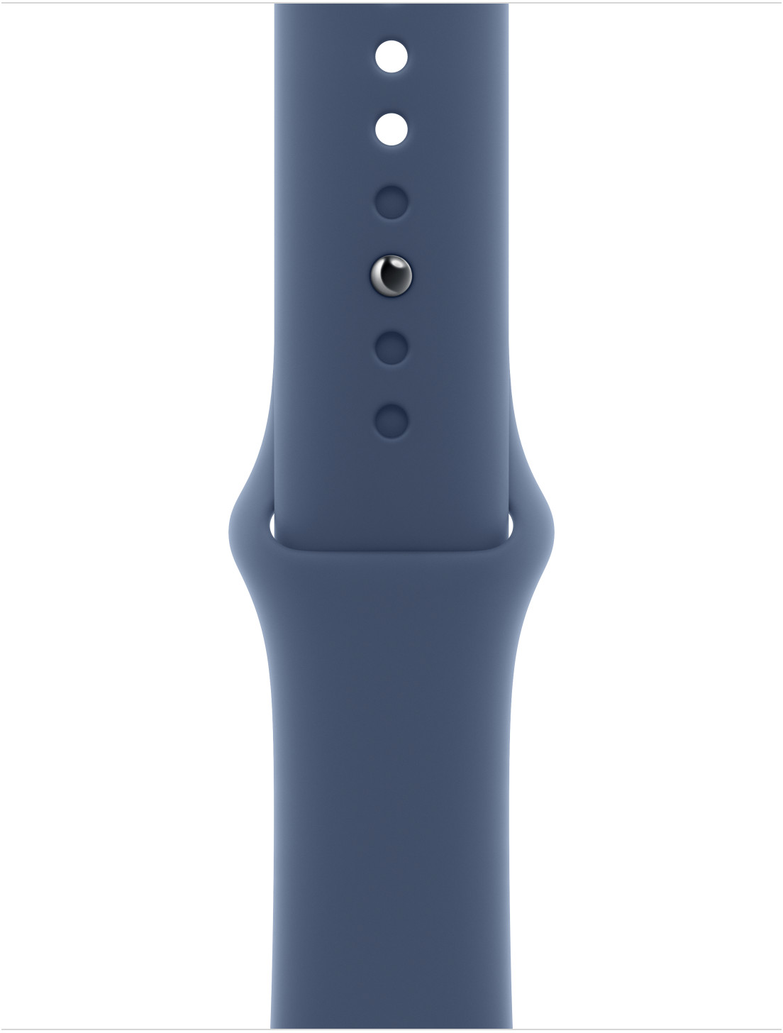 Kék Apple Watch szíj lyukakkal és fekete csappal.