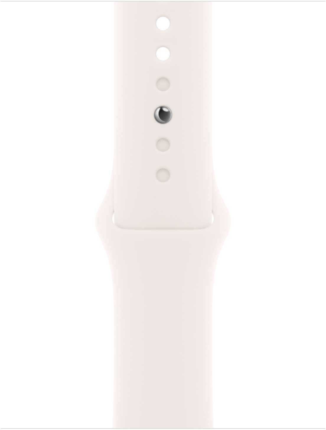 Fehér Apple Watch szíj csappal és lyukakkal.