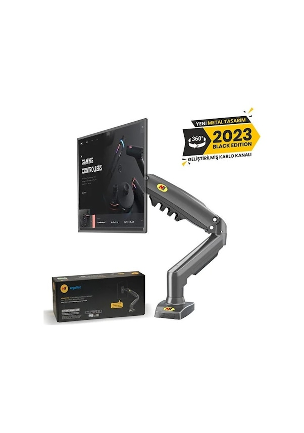 Monitör kolu, monitör, kutu ve '2023 Black Edition' metni.