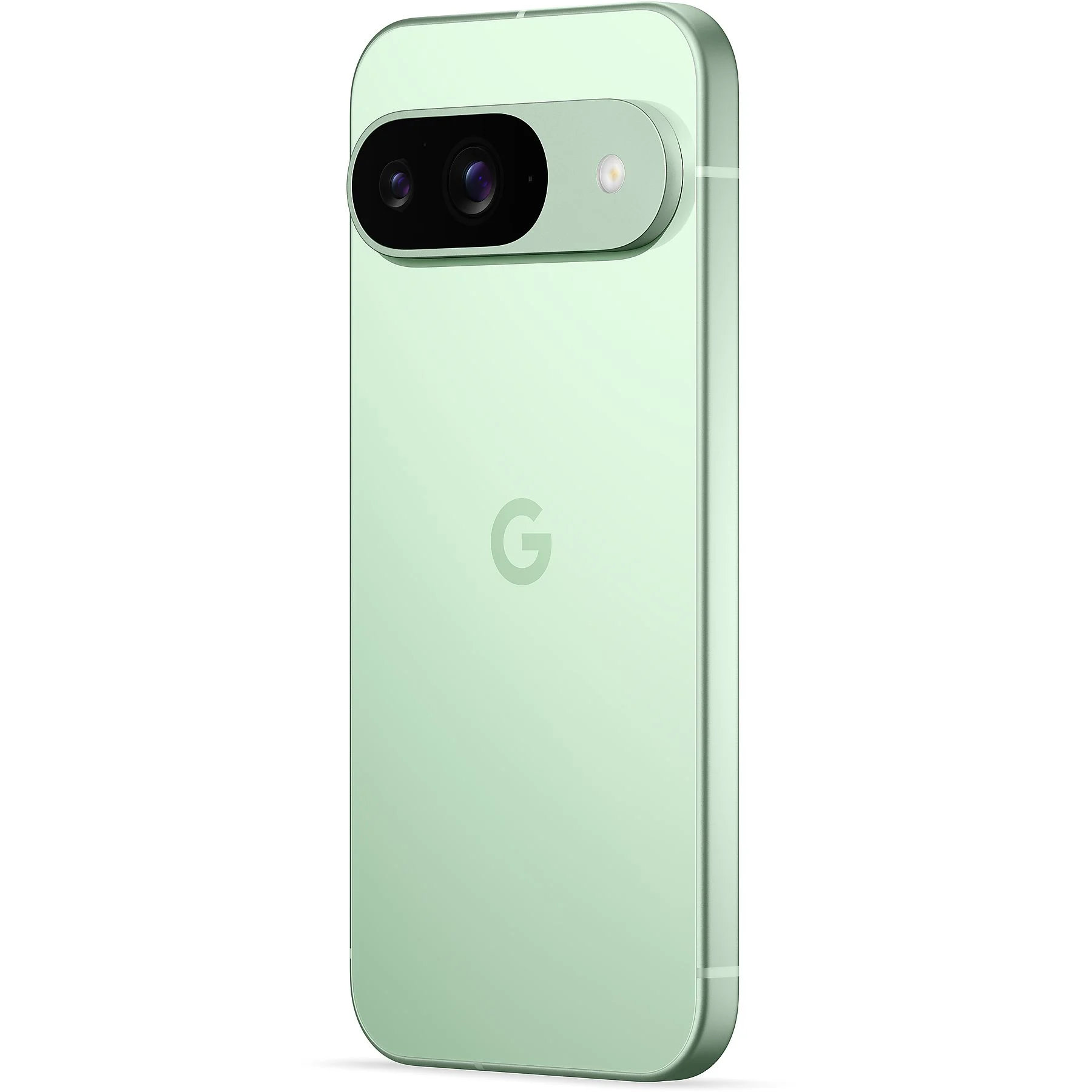 Zielony tył smartfona z listwą na aparat. Srebrna ramka. Widoczne logo Google 'G'.