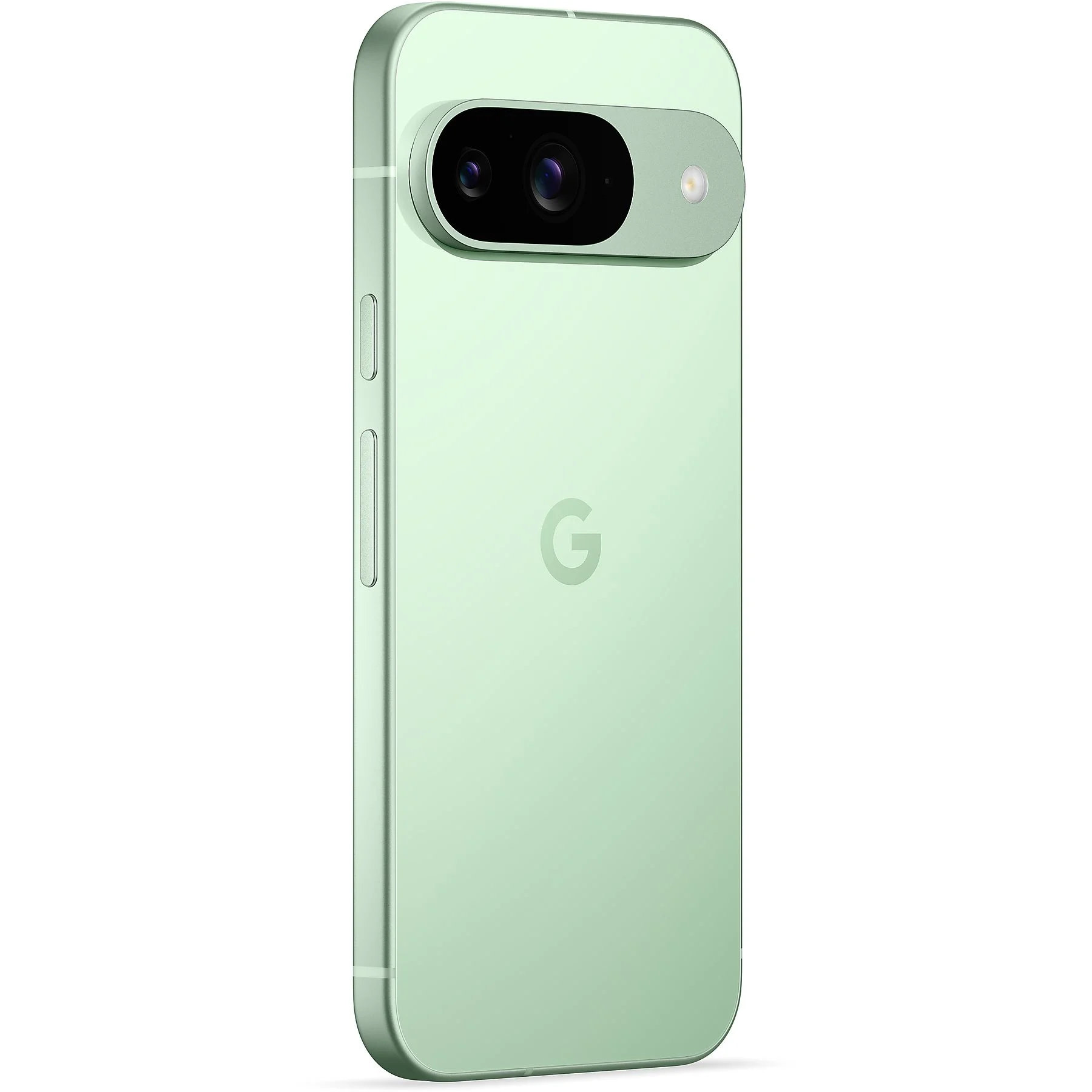 Zielony telefon Google Pixel 7, widok z boku. Poziomy pasek aparatu, logo 'G'.