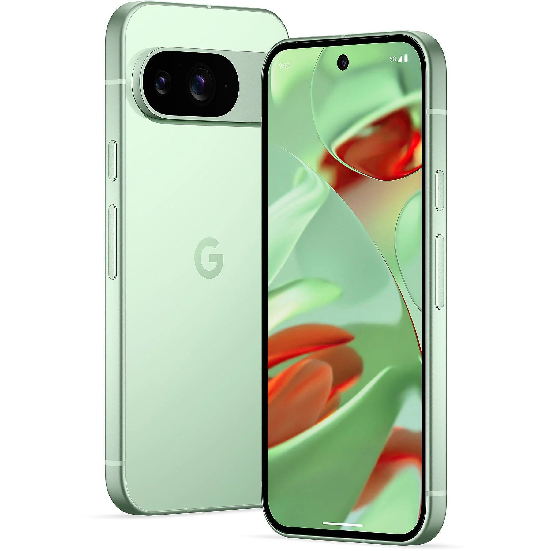 Miętowy telefon z dwoma aparatami. Pokazany z boku i z przodu, widać ekran.