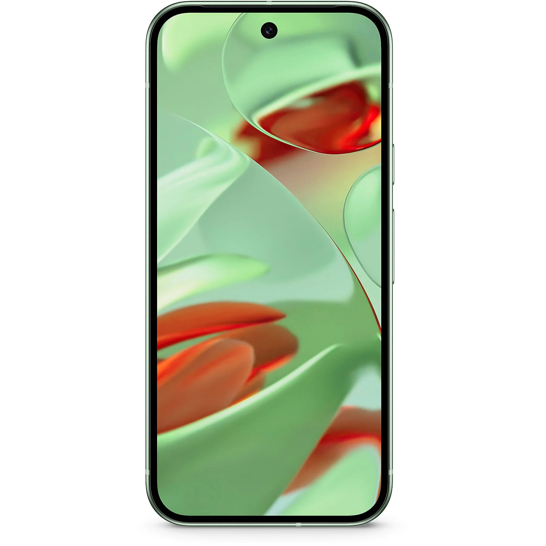 Smartfon z zieloną ramką i wyświetlaczem abstrakcyjnych czerwonych i zielonych kształtów. Tło jest rozmyte.