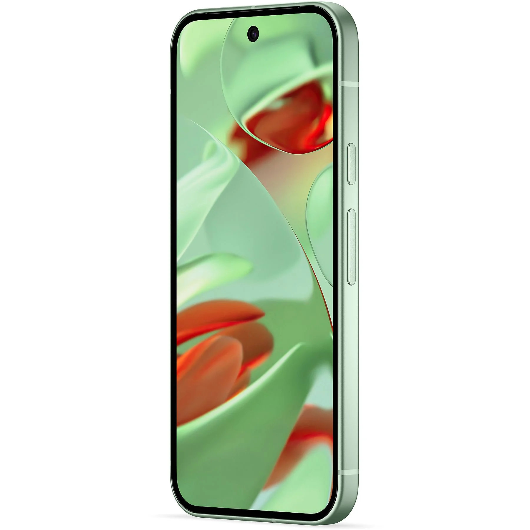 Zielony smartfon z zakrzywionym ekranem, wyświetlający zielono-czerwony obraz abstrakcyjny.