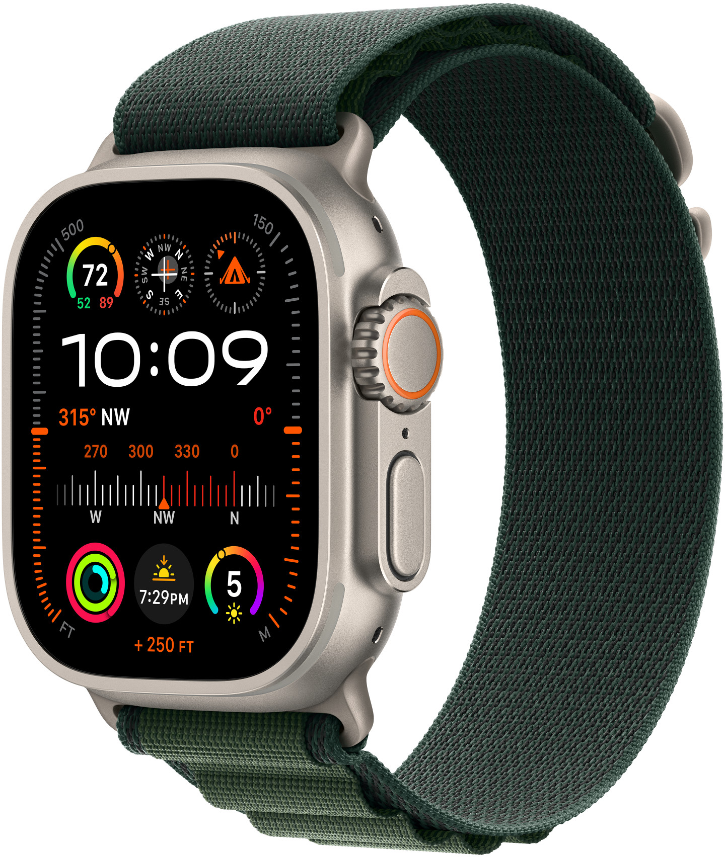 Apple Watch Ultra zöld szíjjal. A kijelzőn az idő, a dátum és az iránytű adatai láthatók.