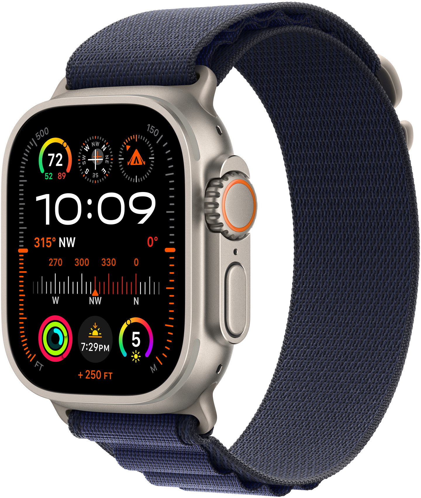 Apple Watch Ultra a csuklón, időt, iránytűt és aktivitási adatokat mutatva.
