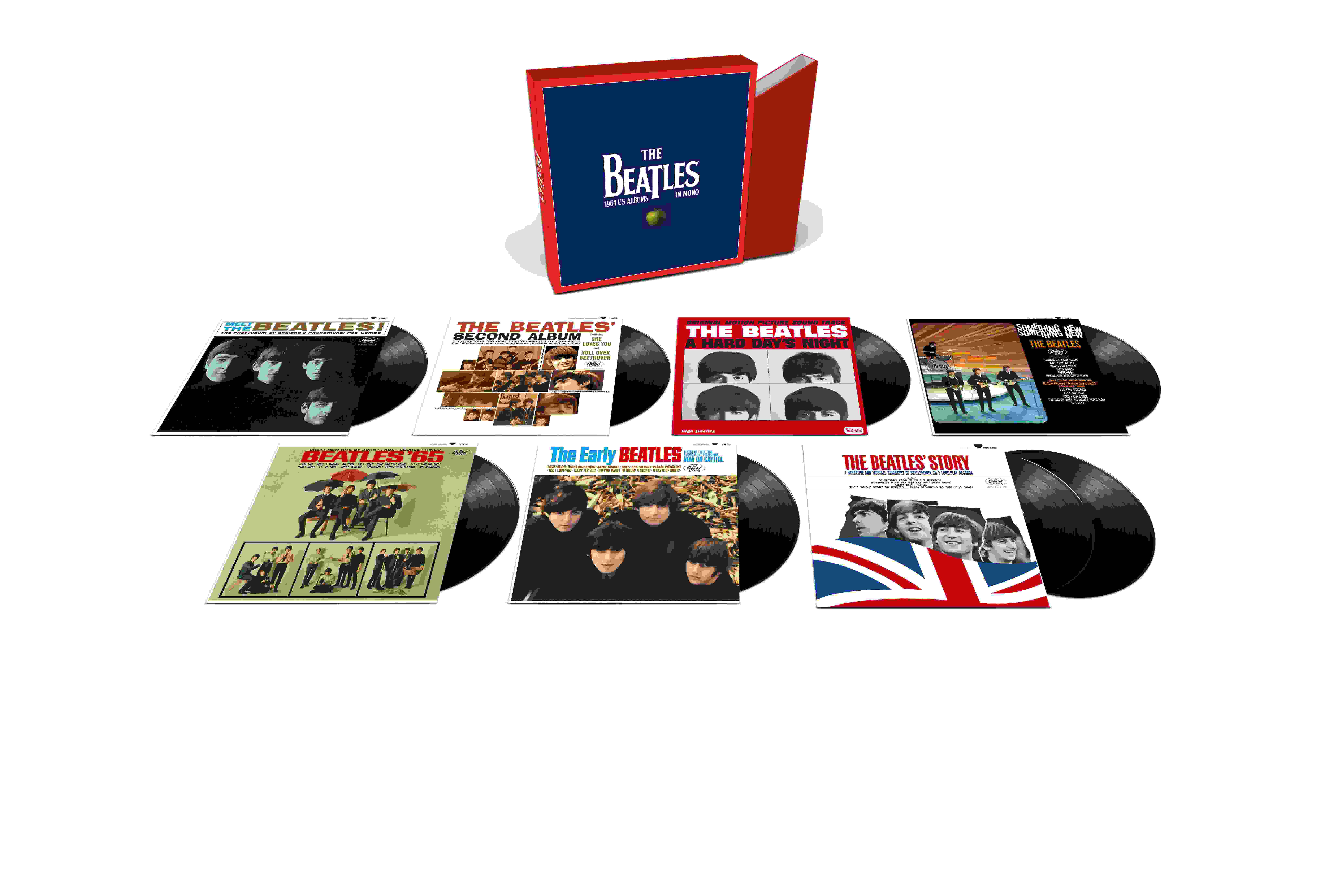Eine Sammlung von Beatles-Alben in einer roten Box. Vinylplatten werden angezeigt.