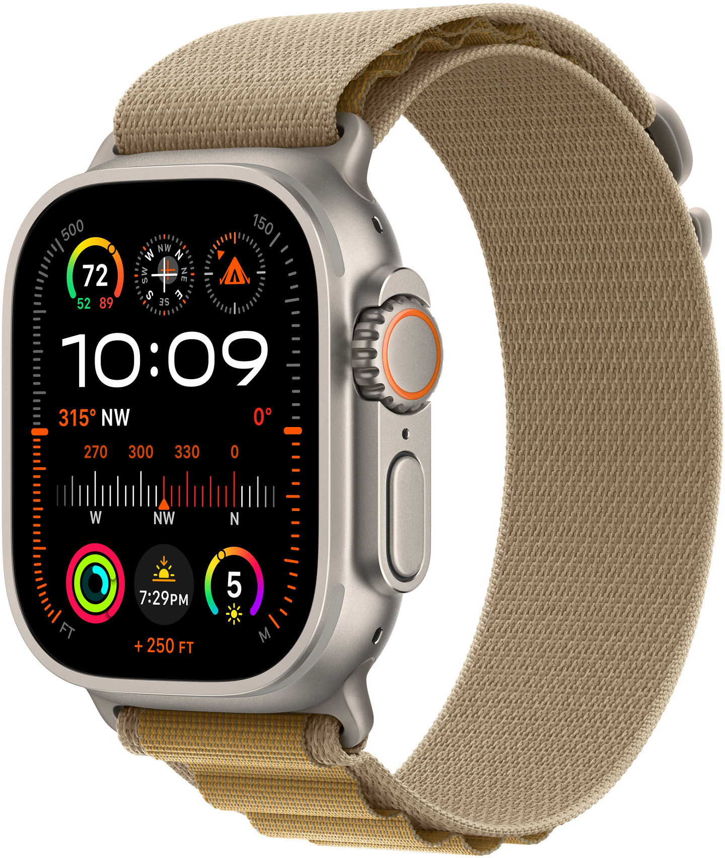 Ezüst Apple Watch bézs szíjjal. Időt és iránytűt mutat.