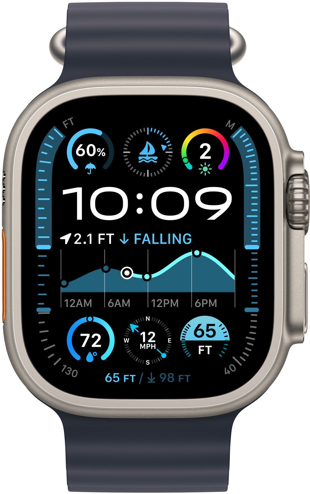 Apple Watch Ultra kék szíjjal. Az óralap adatok, beleértve az időt, a dagály információt és az iránytűt mutatja. Fehér háttér.