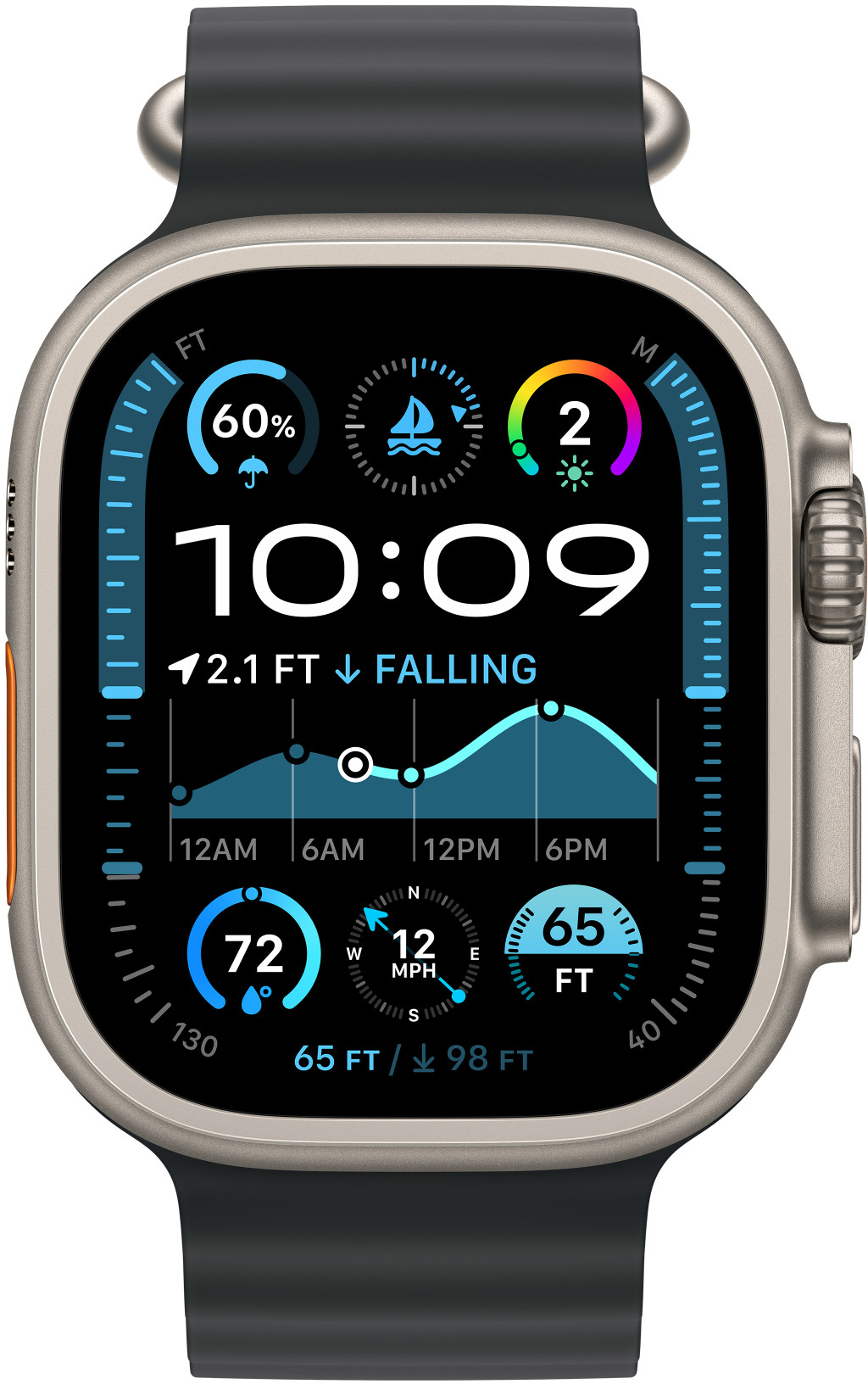 Egy Apple Watch Ultra fekete szalagon, részletes számlappal, adatokkal.