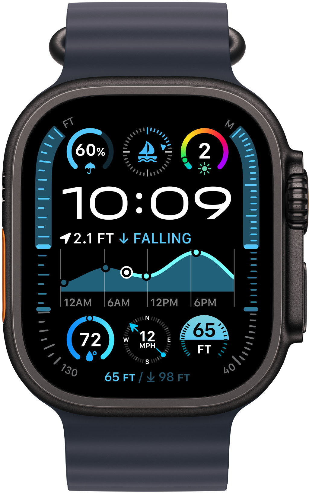 Egy Apple Watch Ultra közelképe a csuklón, ami az időt és adatokat mutatja.